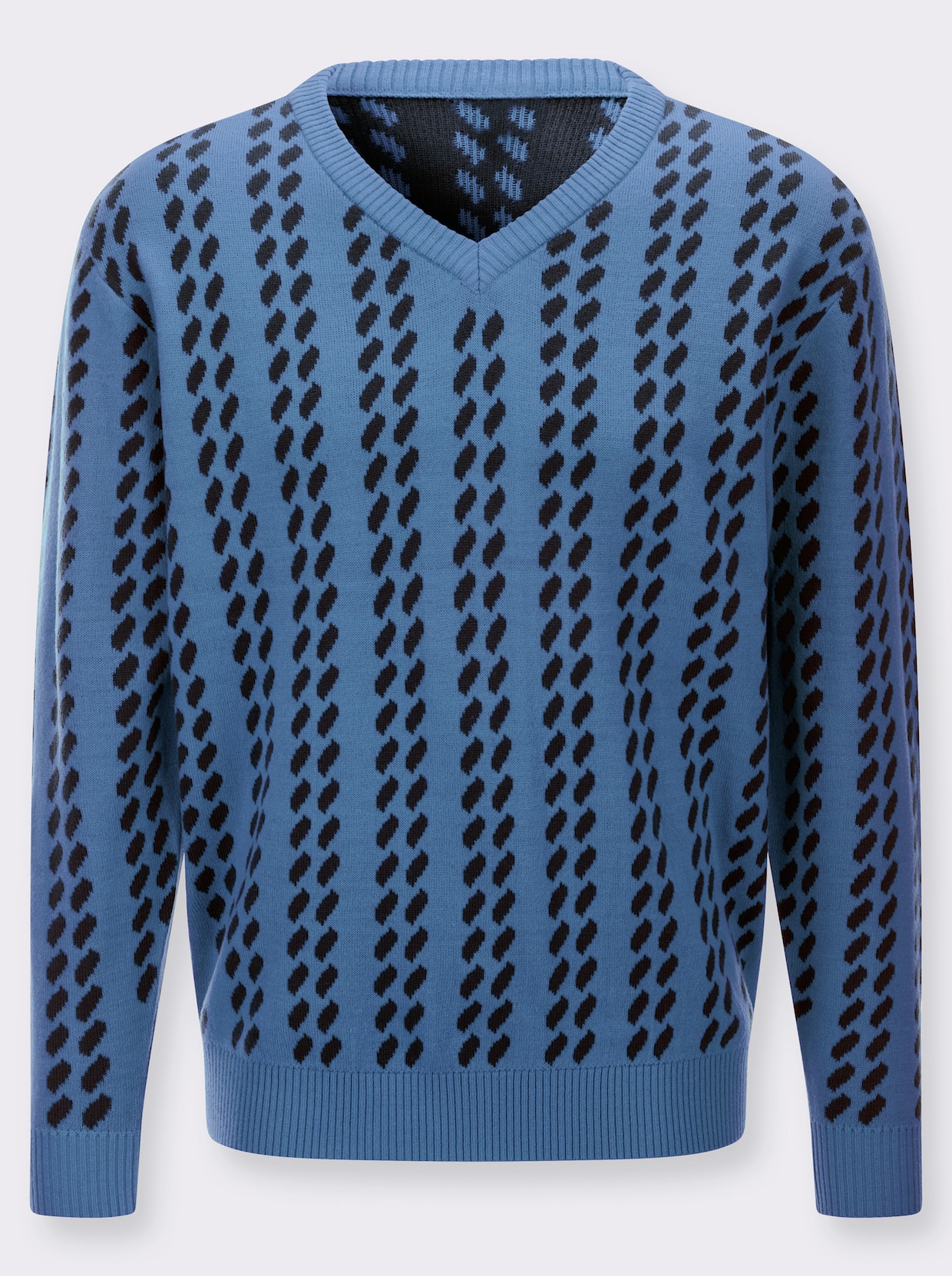 Svetr s výstřihem do V s grafickým pleteným vzorem - střední modrá-námořnická modrá