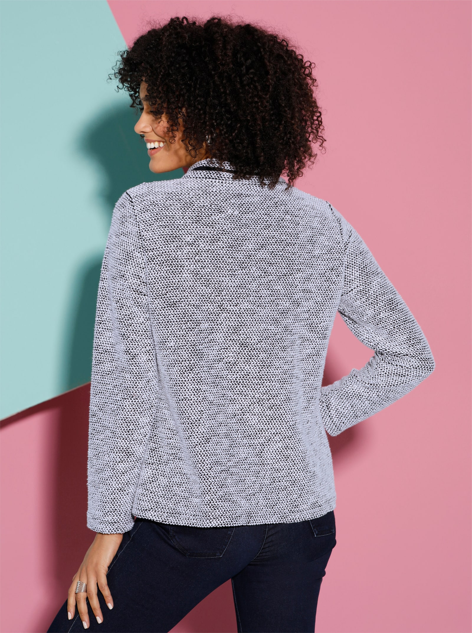 Langarmshirt in Bouclé-Qualität - ecru-schwarz-gemustert