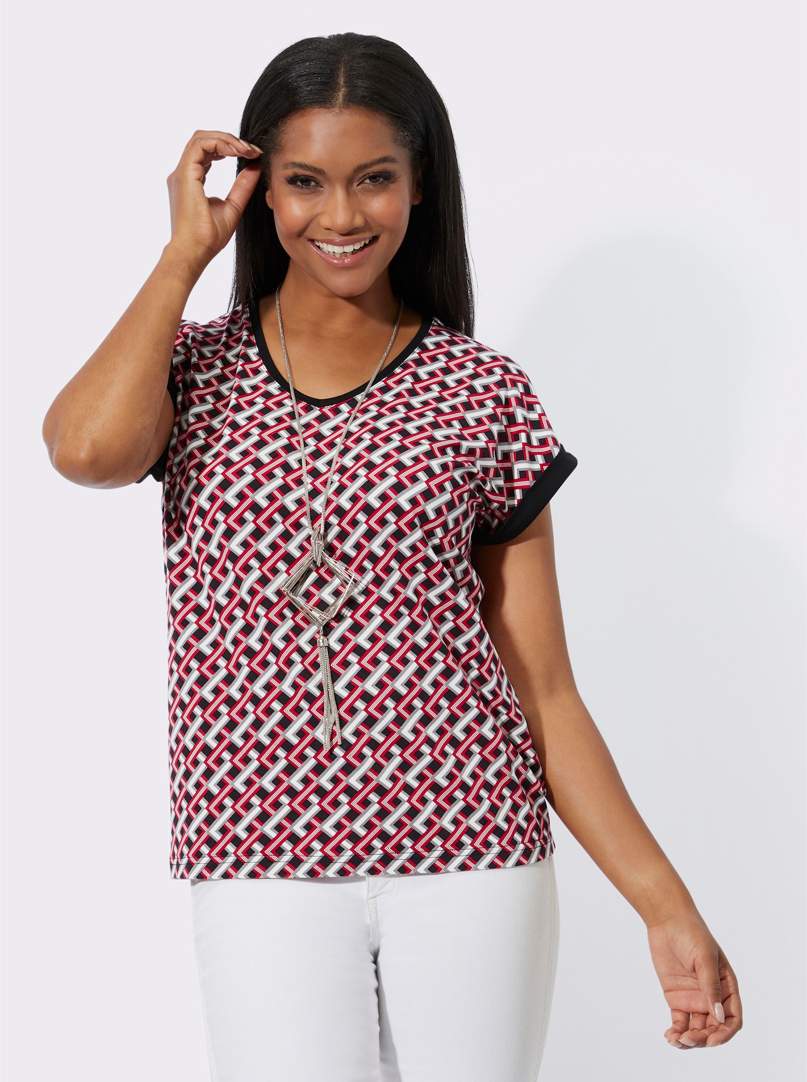 V-Shirt im Allover-Druck - rot-schwarz-bedruckt