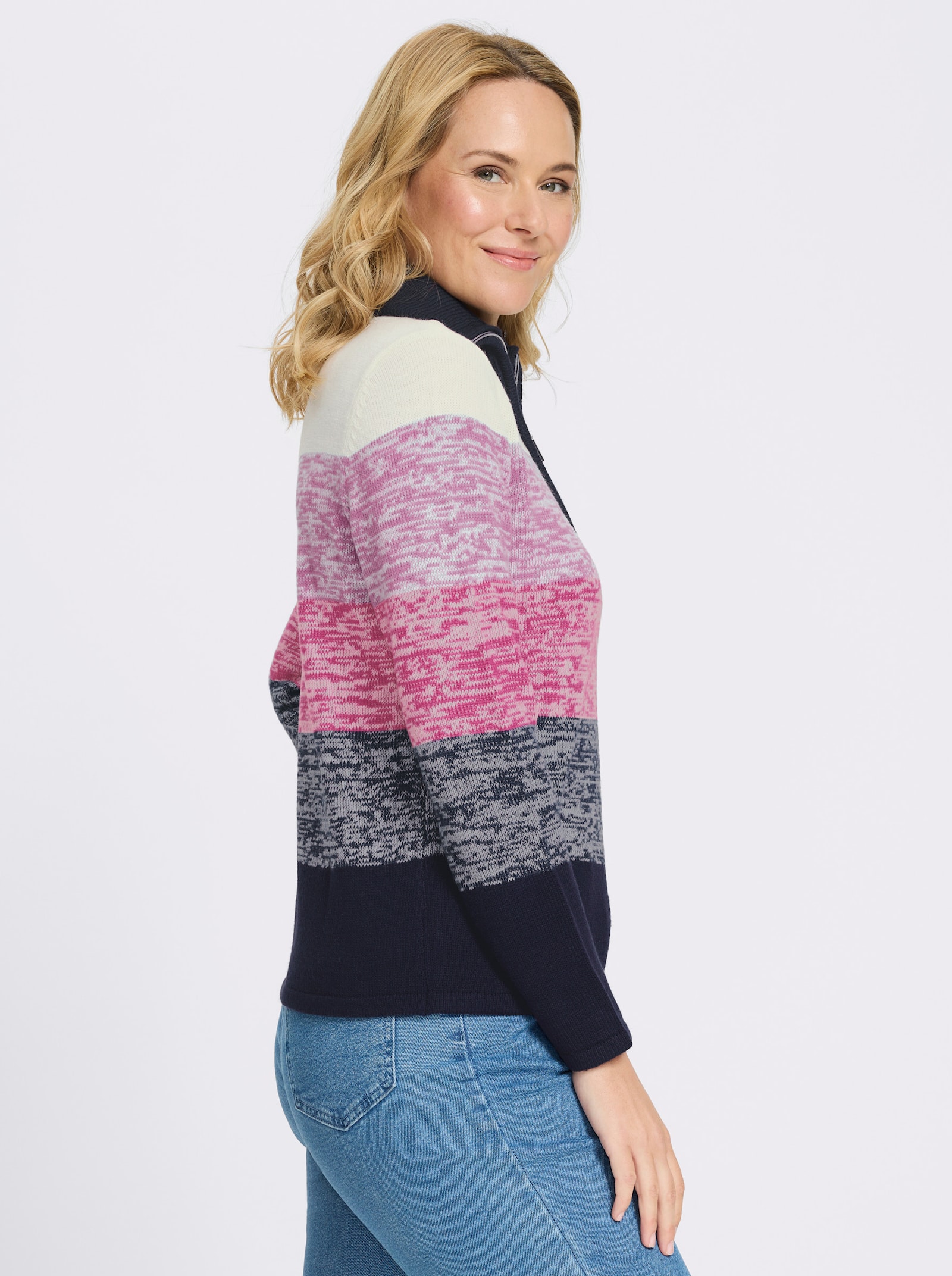 Langarm-Pullover mit kurzem Reißverschluss - magenta-marine-gemustert