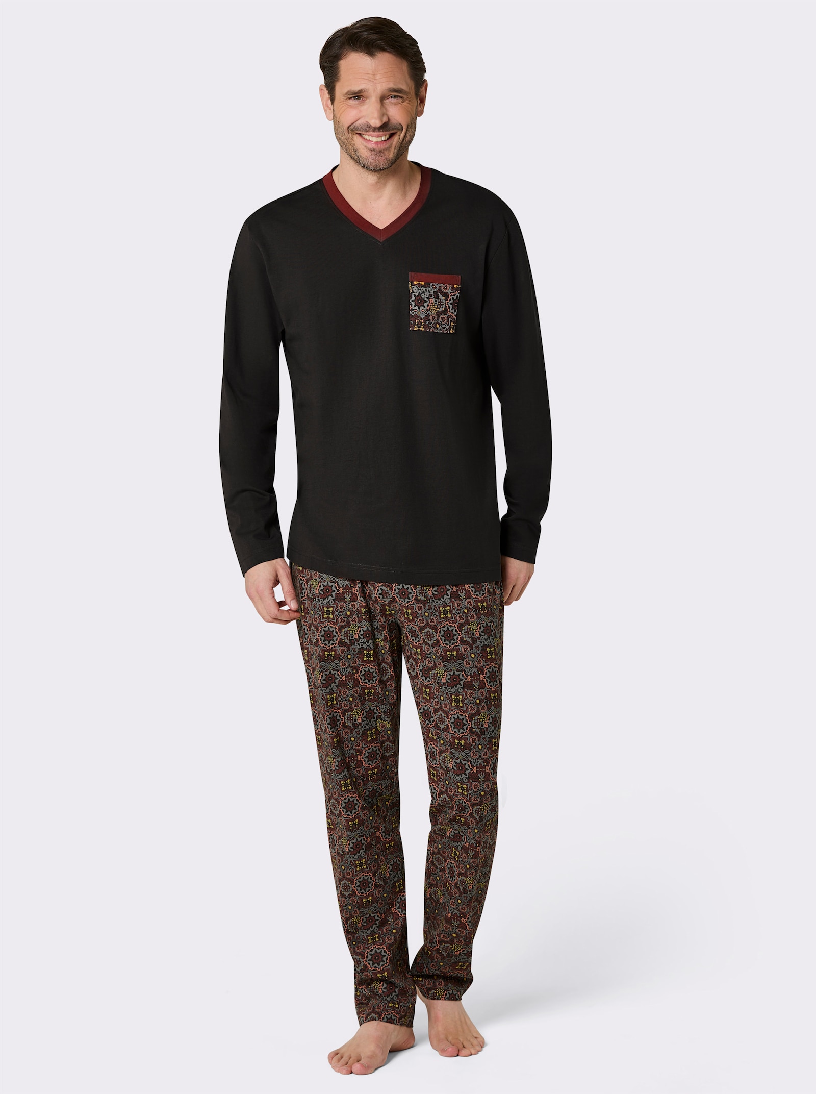 wäschepur men Schlafanzug aus Bio-Baumwolle - graphit-rotbraun-bedruckt