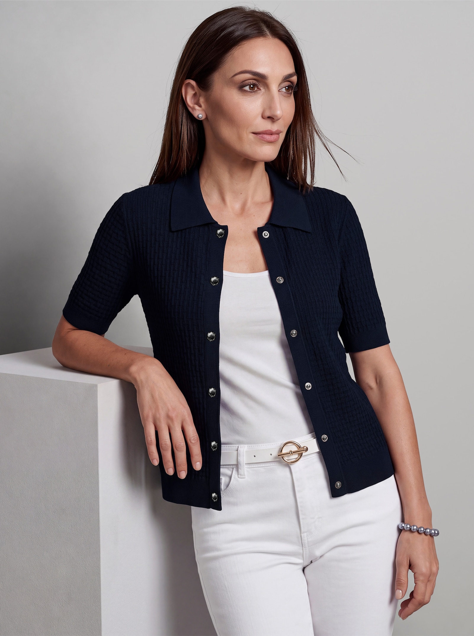 heine Strickjacke mit Polokragen - marine