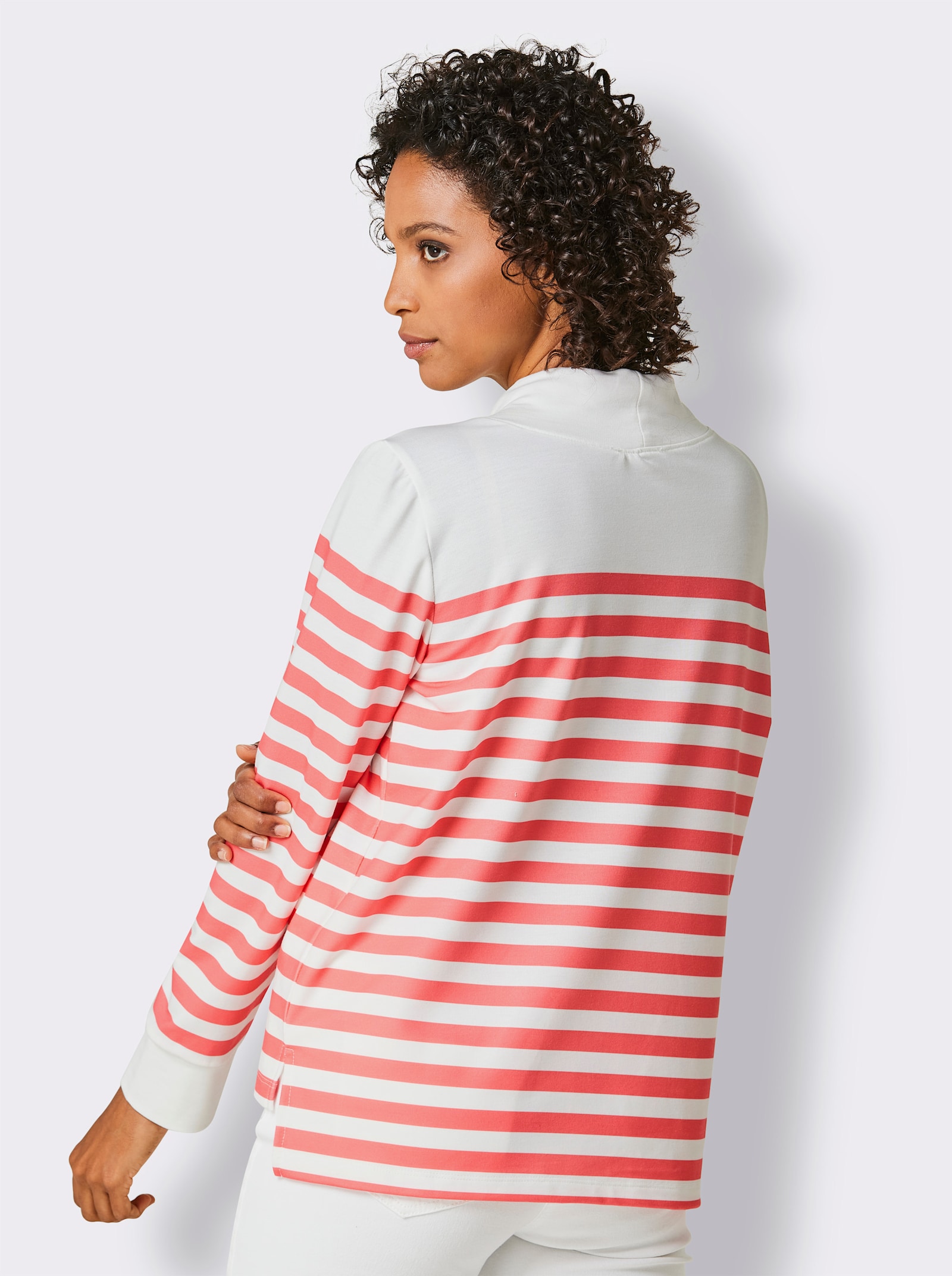 CREATION L PREMIUM Sweatshirt mit verlängertem Rückenteil - weiß-grapefruit-geringelt