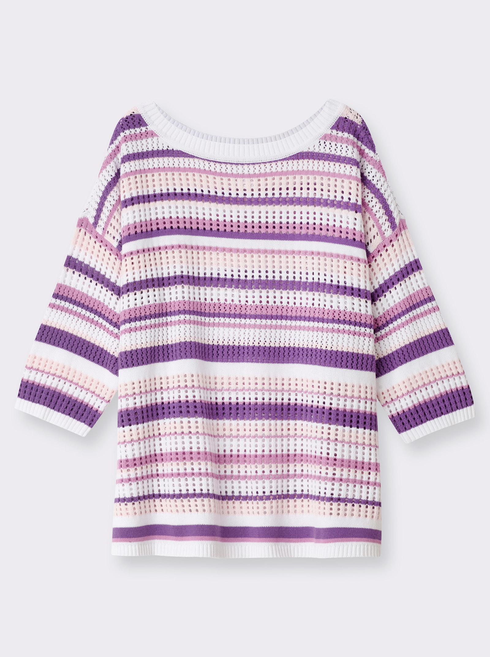 sheego 3/4 Arm-Pullover im Ajour-Strick - orchidee-weiss-geringelt