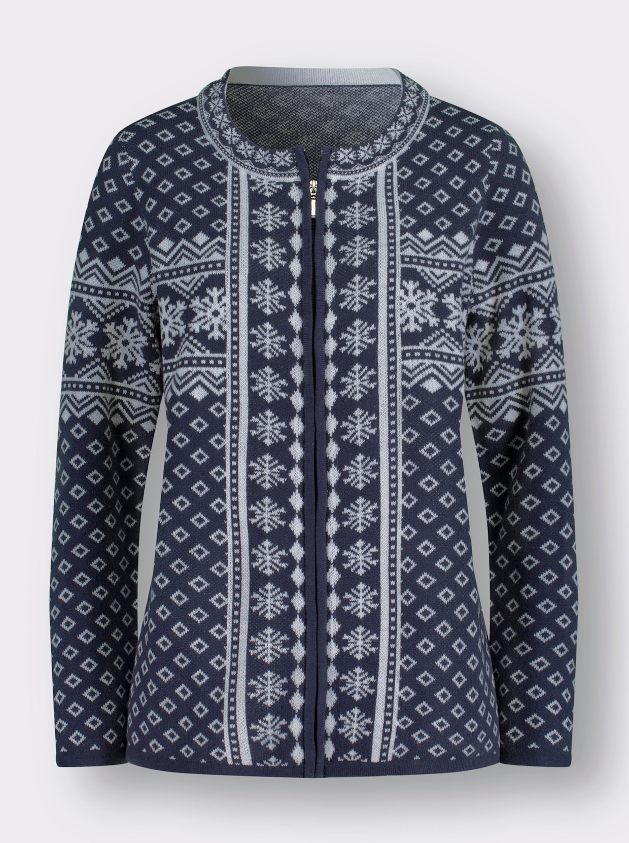 Žakárový pletený kabátek - noční modrá-ecru-vzor