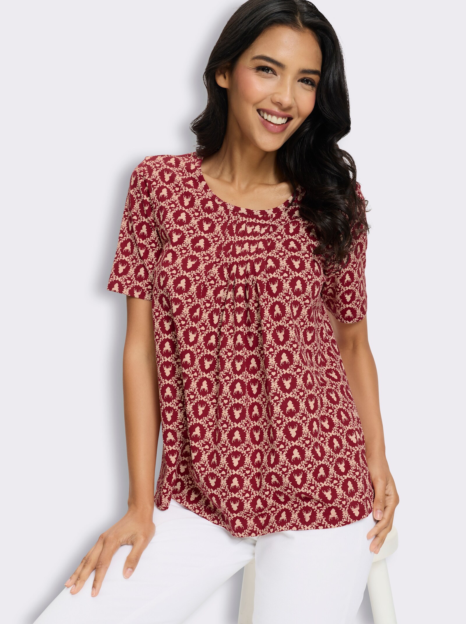 Kurzarmshirt mit Trachten-Print - kirsche-puder-bedruckt