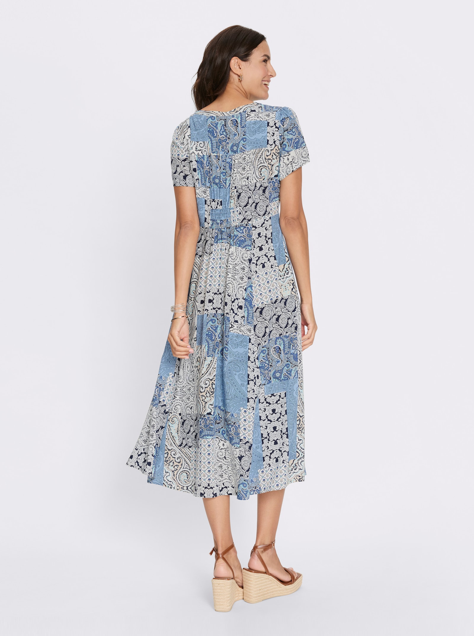 Sommerkleid mit Raffungen an den Schultern - écru-bleu imprimé