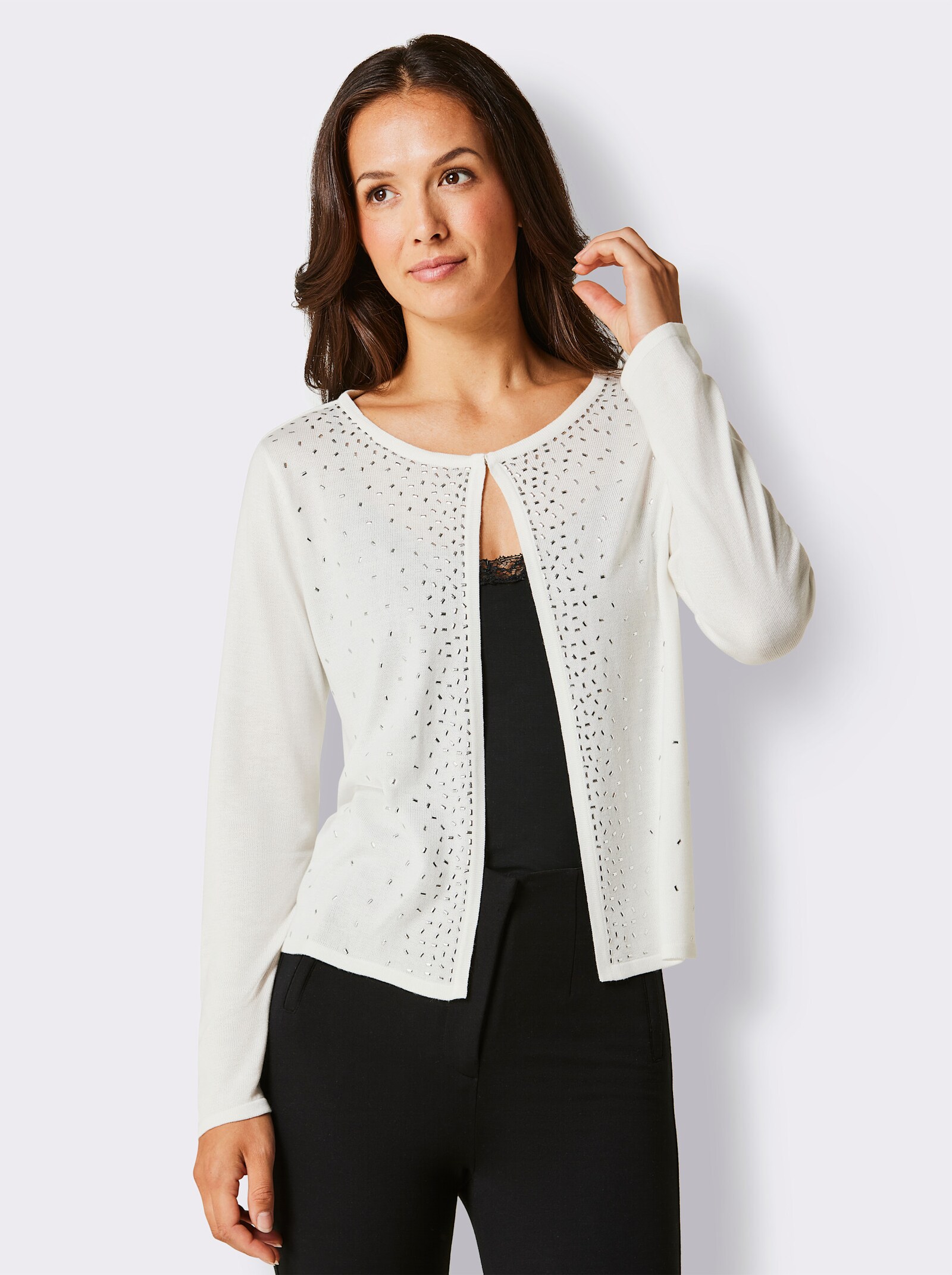 CREATION L PREMIUM Feinstrickjacke mit Verzierungen vorne - ecru