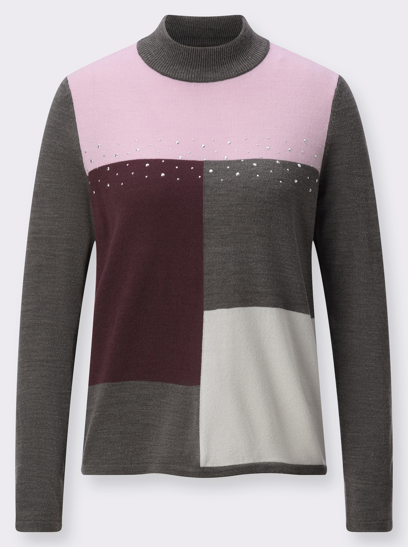 Stehkragenpullover mit Metallplättchen - graphit-burgund-gemustert