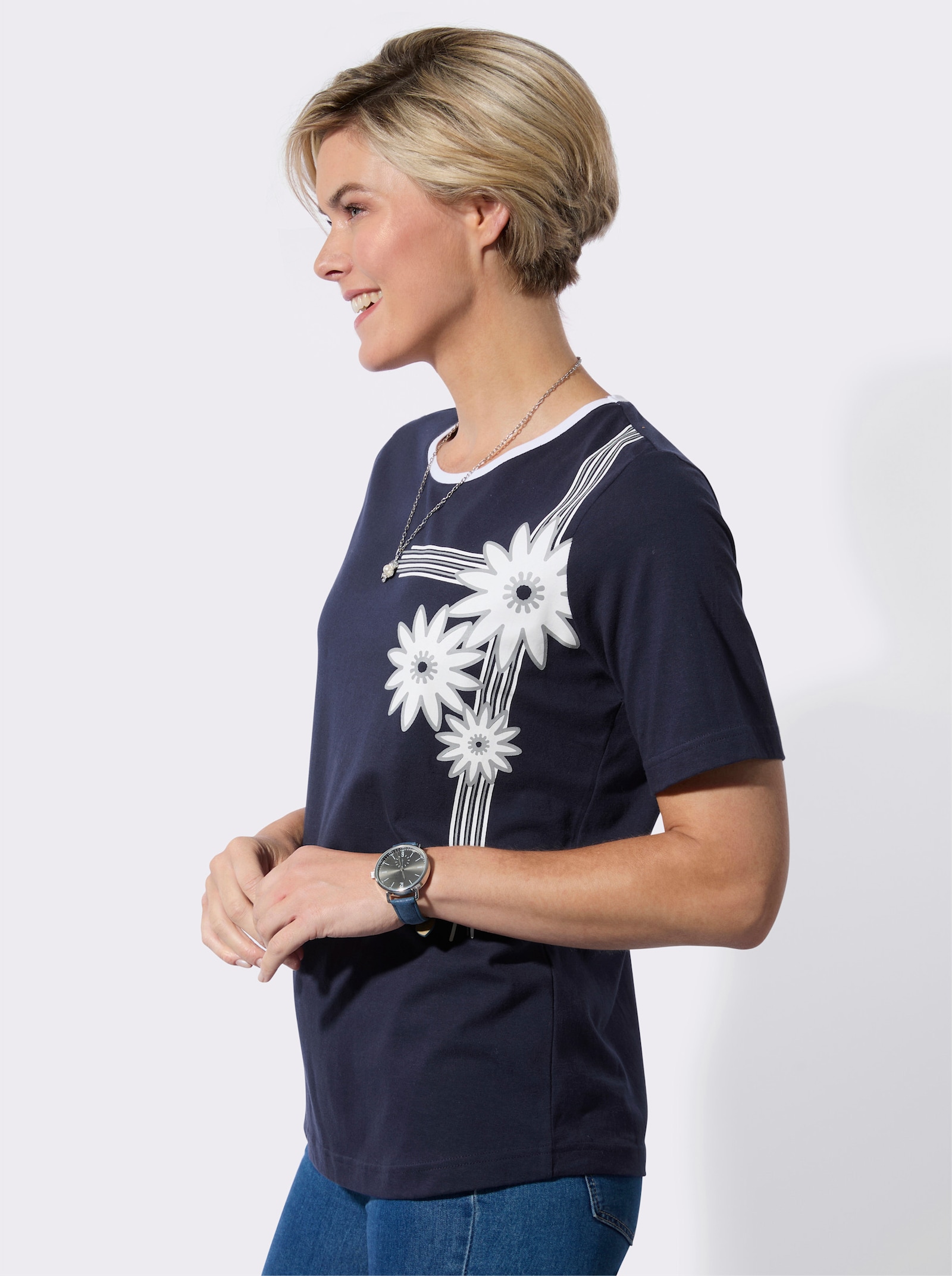 Kurzarmshirt mit platziertem Blütenprint - marine