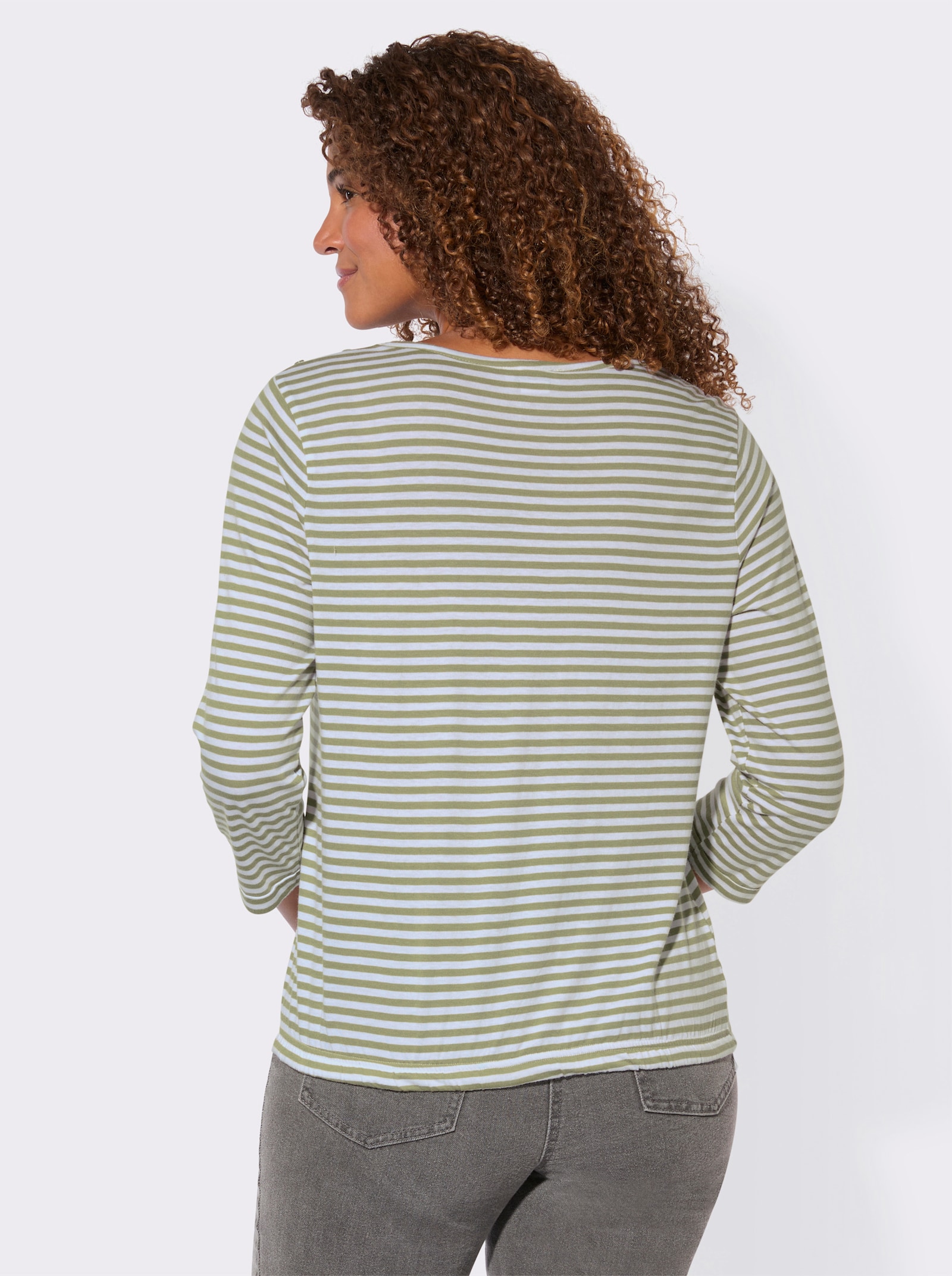 3/4-Arm-Shirt mit Kordel im Saum - schilf-weiß-geringelt