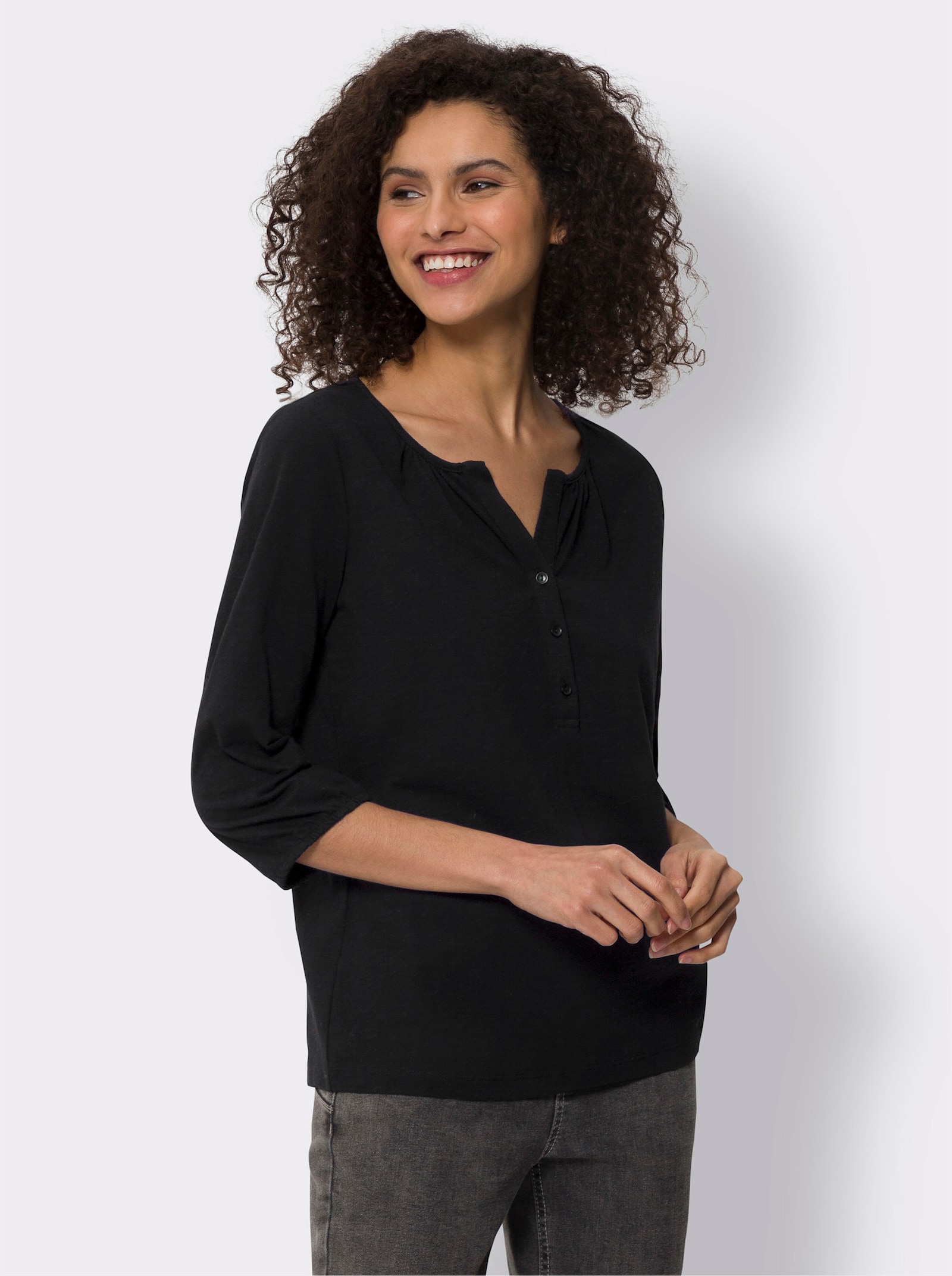 heine 3/4-Arm-Shirt mit Raffung am Ausschnitt - schwarz