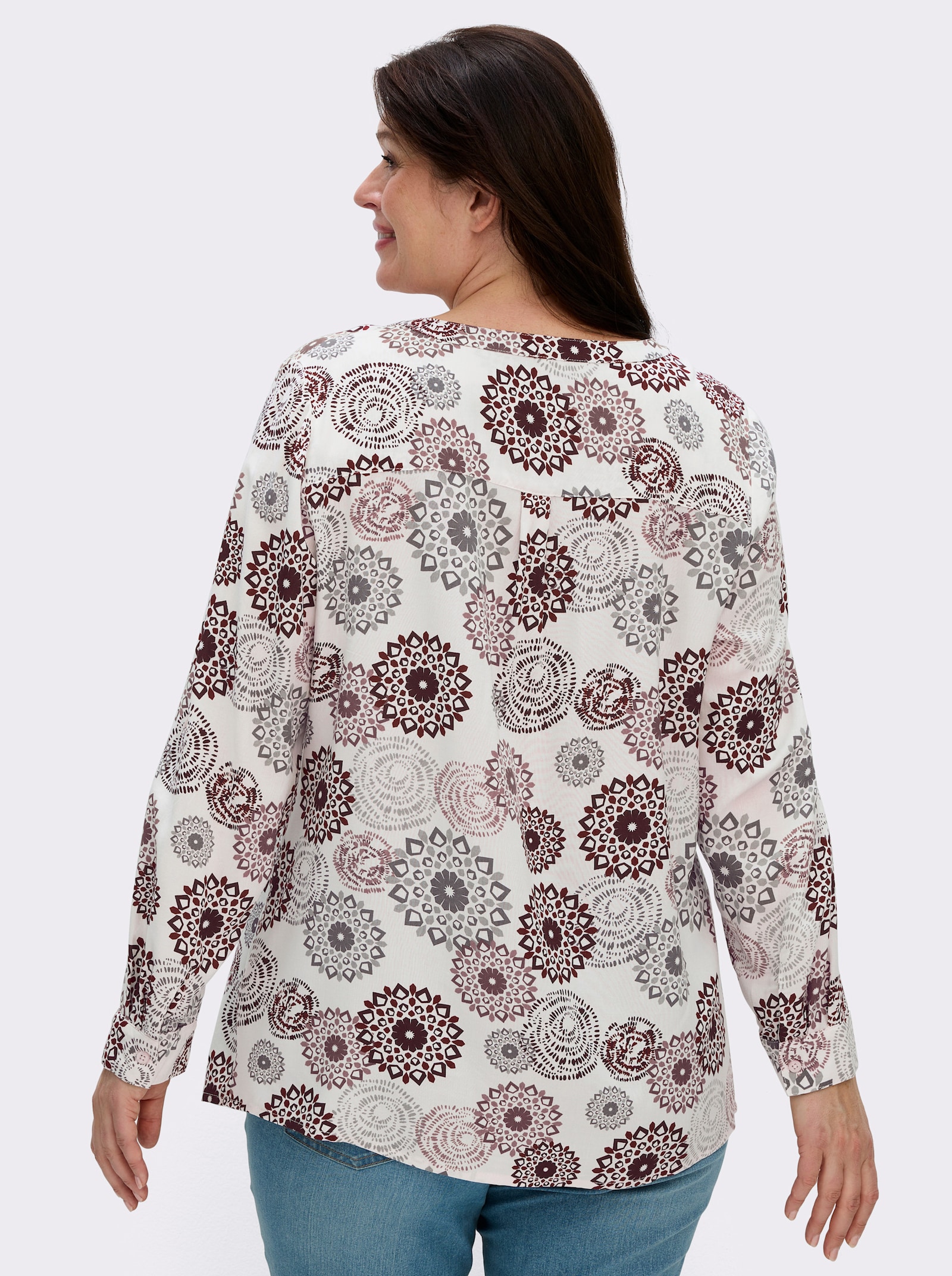 Langarmbluse mit Krempelfunktion - ecru-burgund-bedruckt