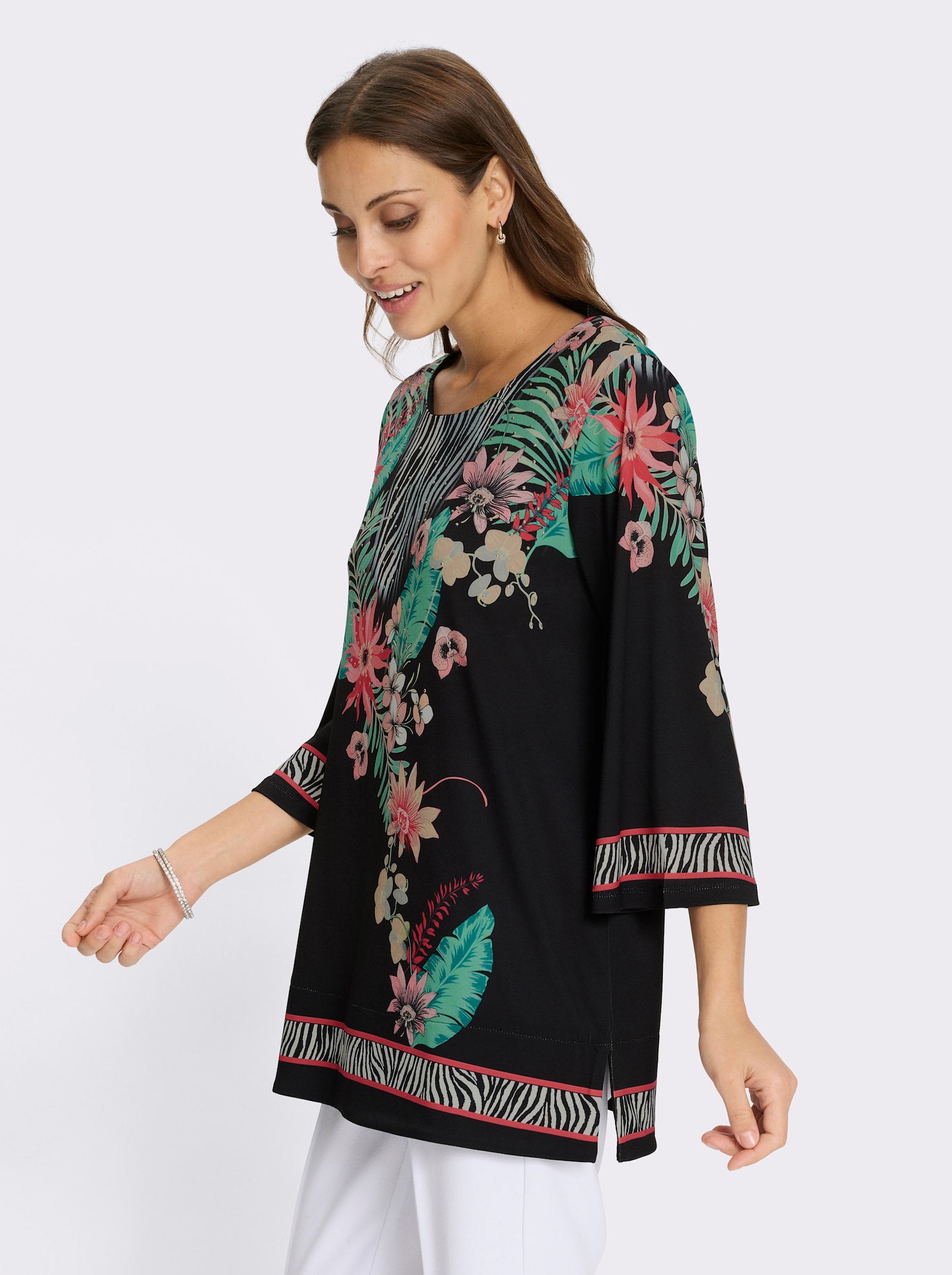 Tunikashirt mit Pailletten - schwarz-flamingo-bedruckt