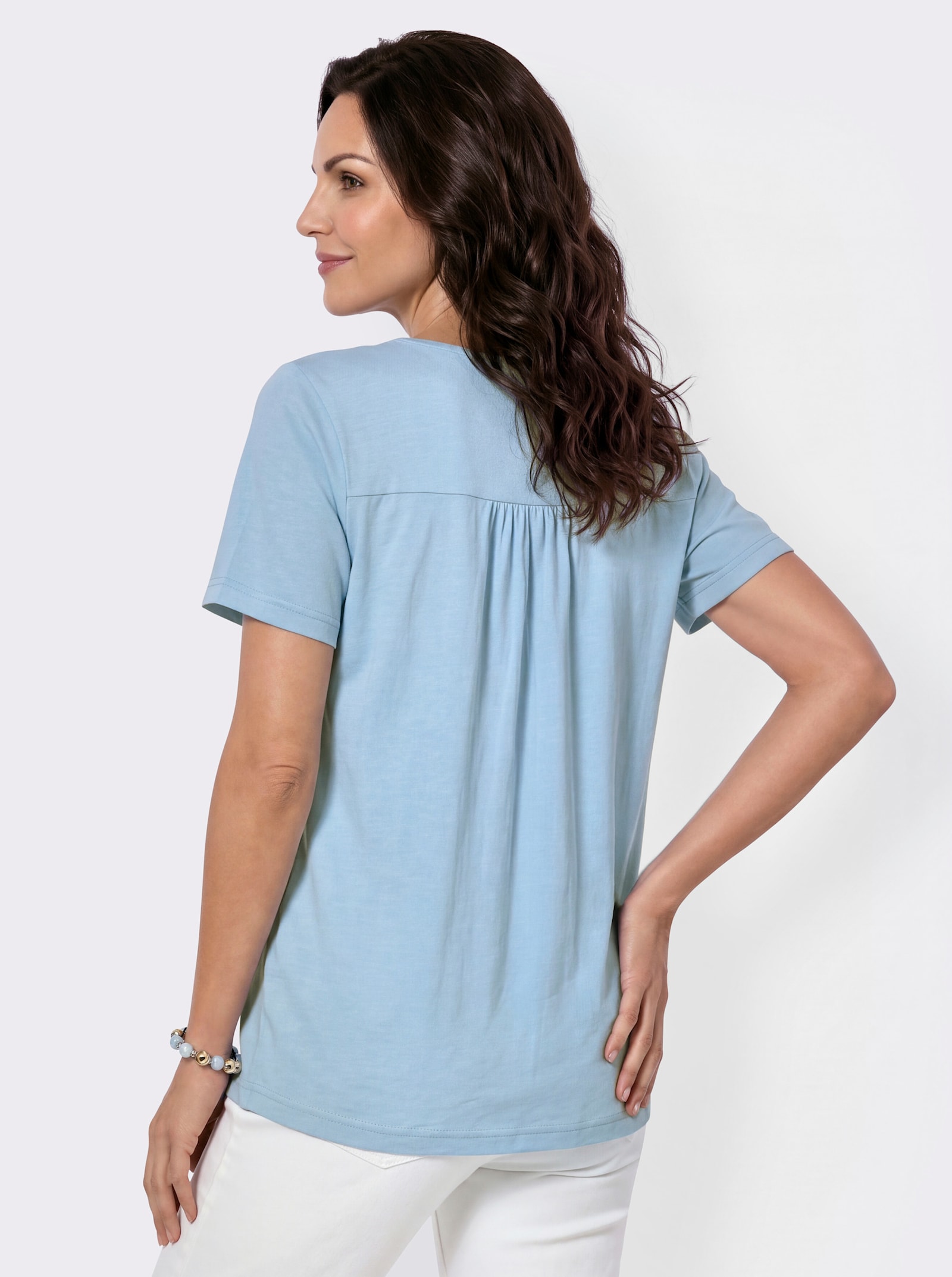 Tunikashirt mit Spitzenblende am Ausschnitt - eisblau