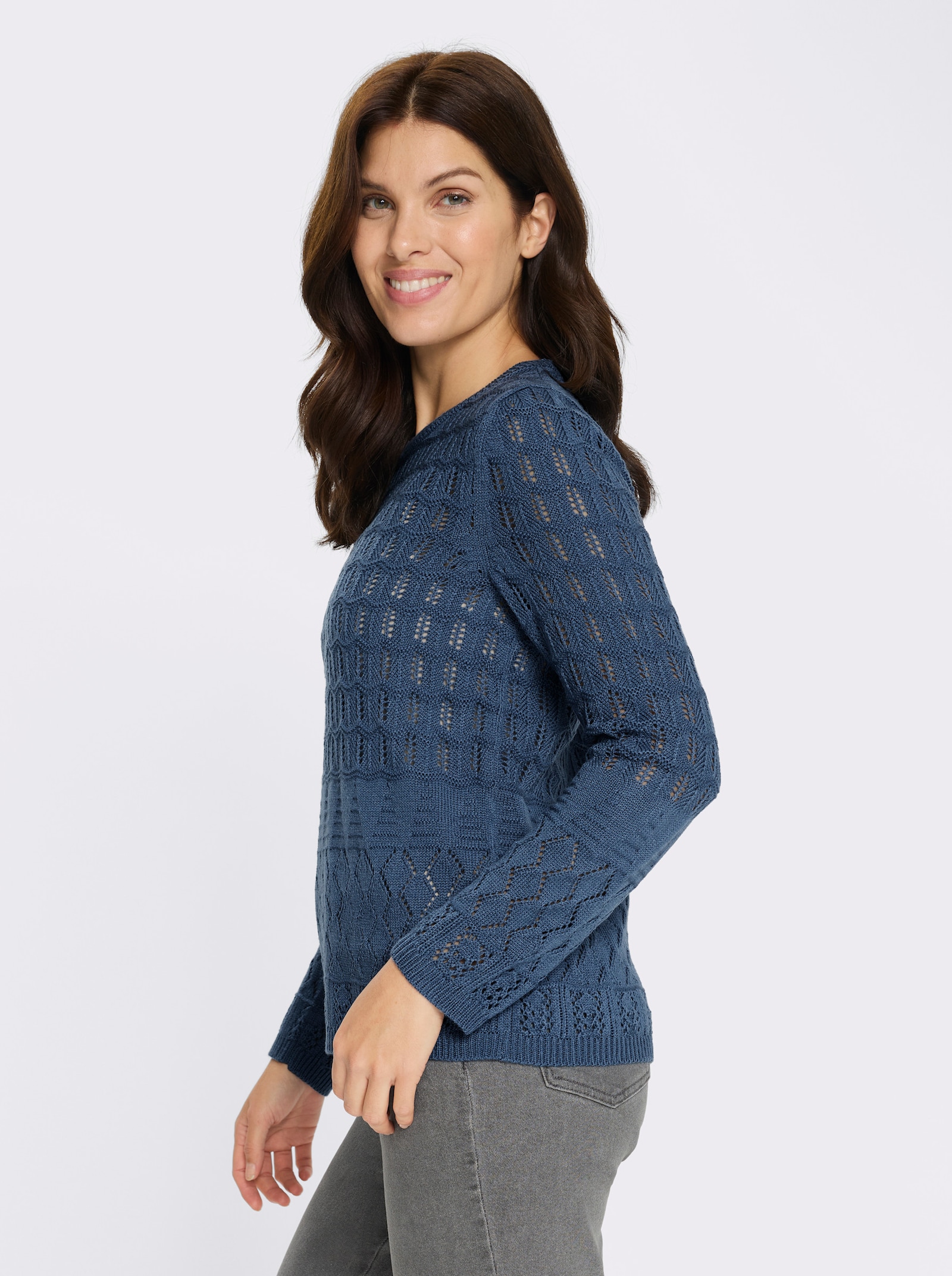 Ajourpullover mit gerippten Bündchen - jeansblau