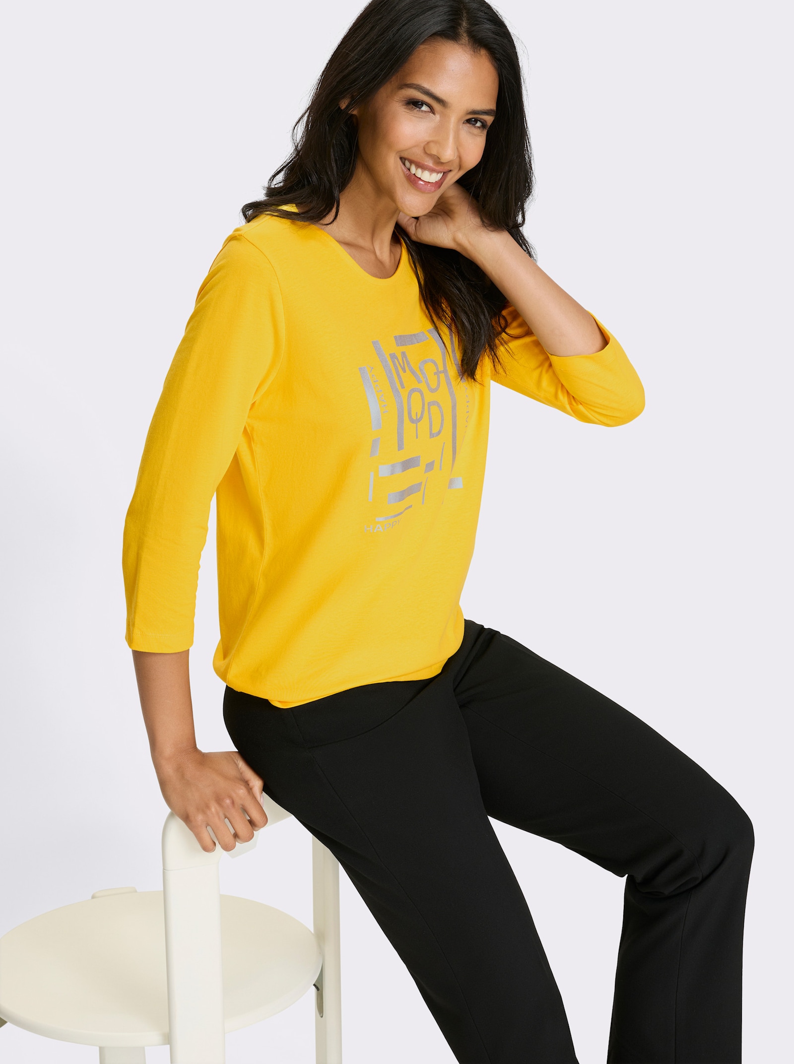 Shirt met 3/4-mouwen en zilverkleurige folieprint - zonnegeel