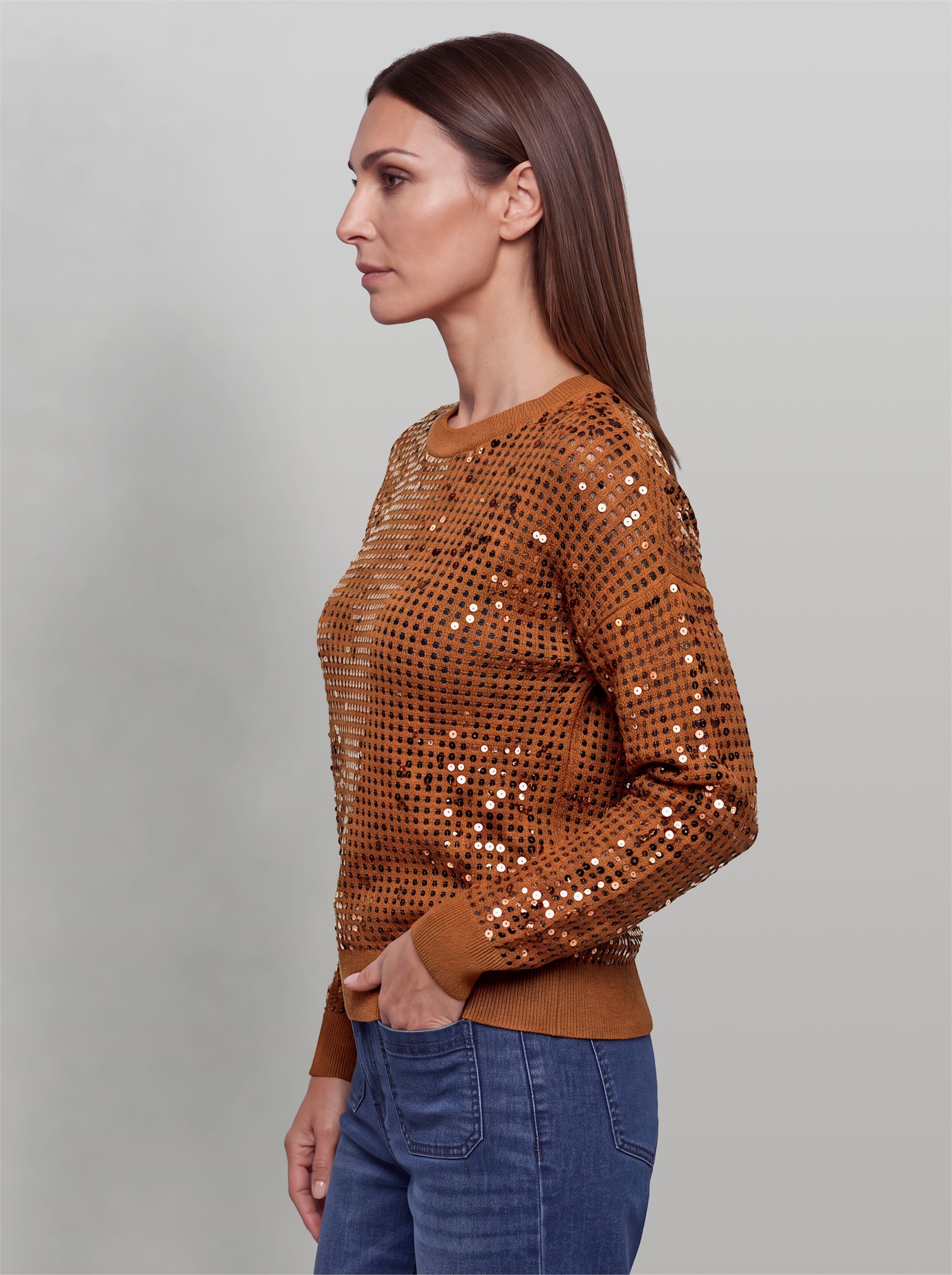 heine Langarm-Pullover in Netzstrick-Optik - cognac