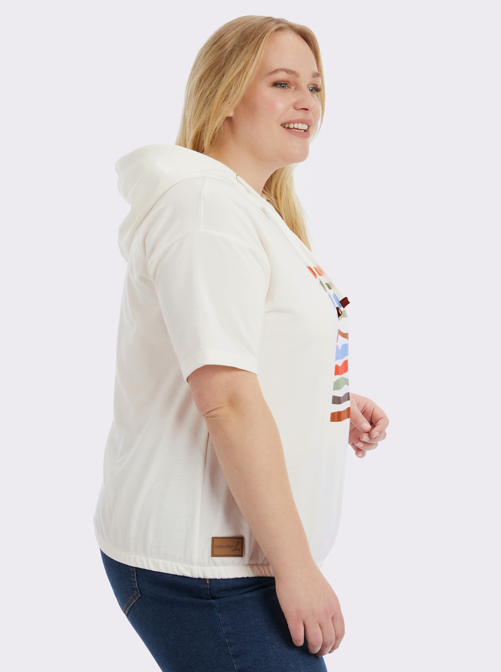 Kapuzensweatshirt mit elastischem Saum - ecru-eucalyptus-bedruckt