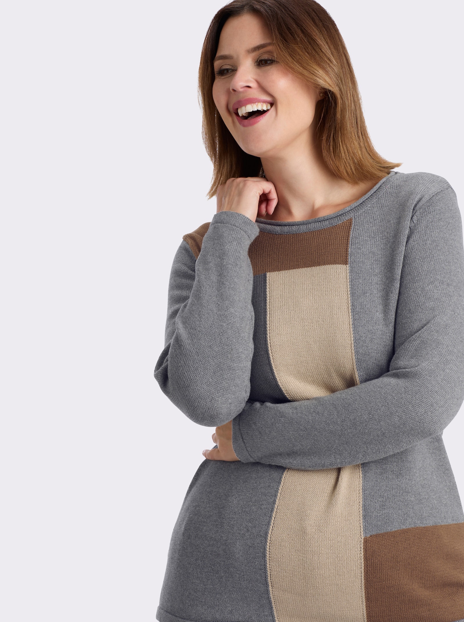 Langarm-Pullover mit grafischem Strickmuster - steingrau-gemustert