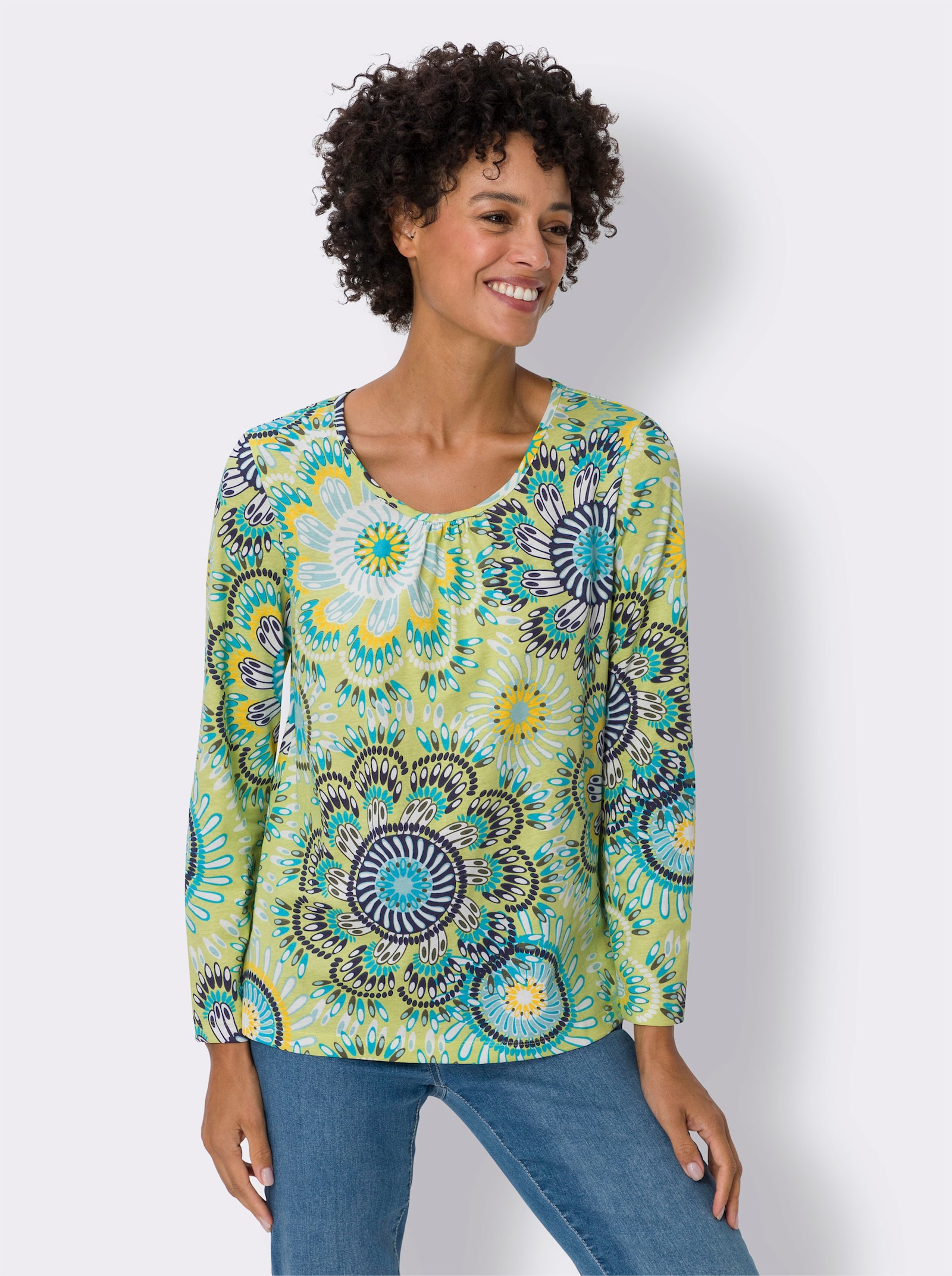 Rundhalsshirt aus reiner Baumwolle - pistazie-türkis-bedruckt