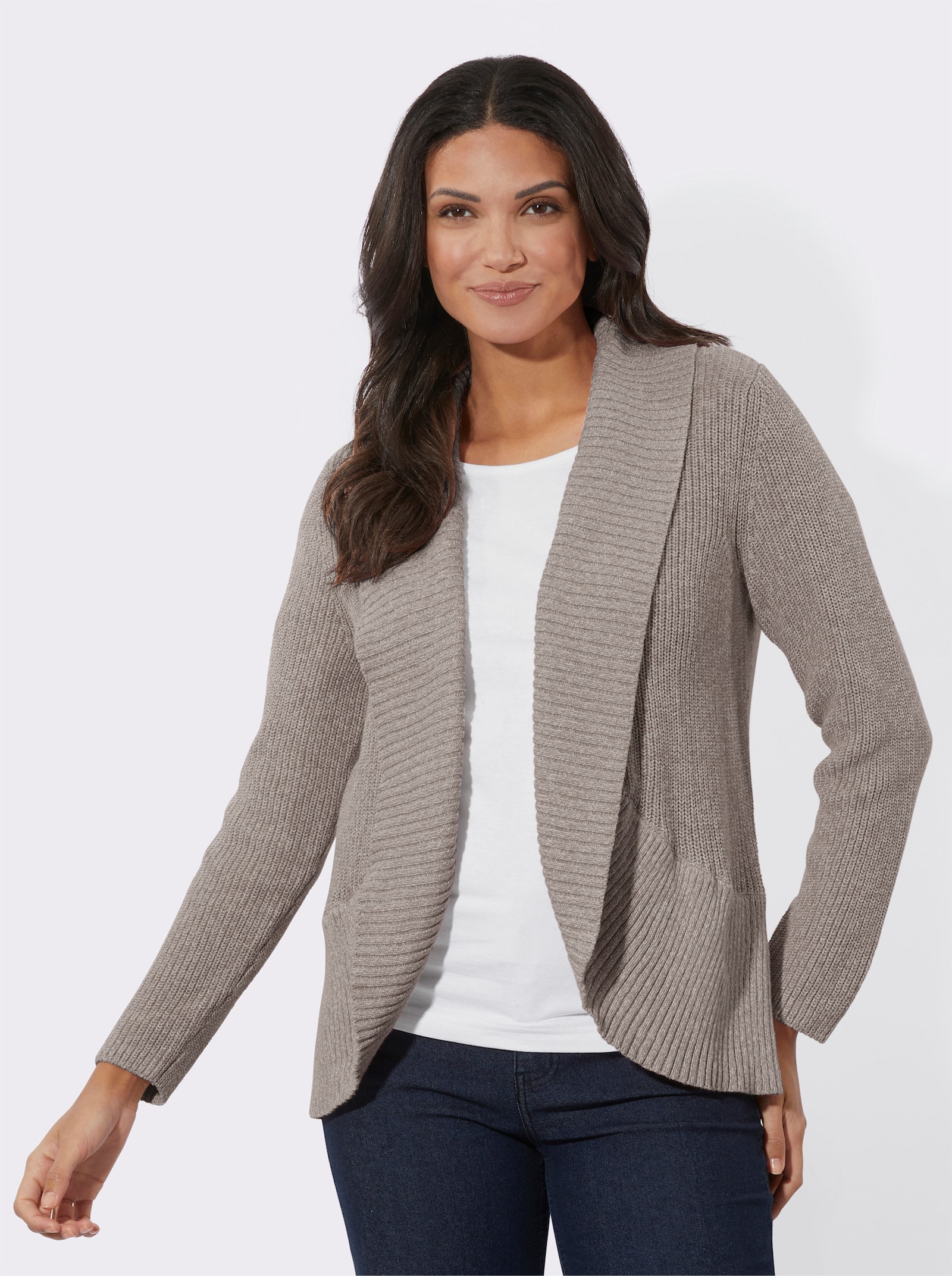 Strickjacke mit Schalkragen - taupe-ecru-meliert