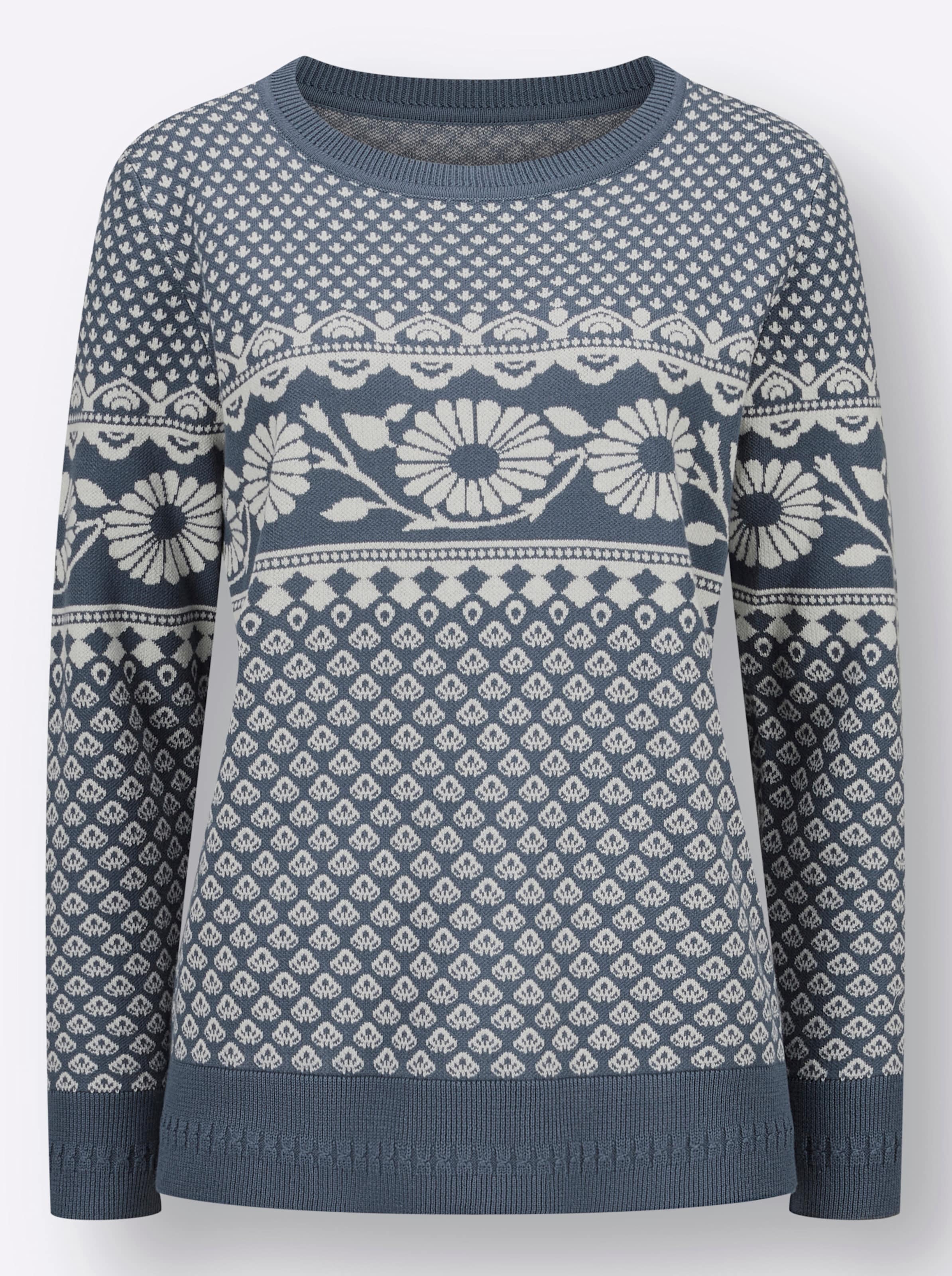 Inspirationen Damen Blau/Beige Jacquardpullover "Jacquard-Pullover", Gr. 44, (Rauch, Champagner, Gemustert), 50% Baumwolle, 50% Polyacryl, Gemustert... - Bild 2