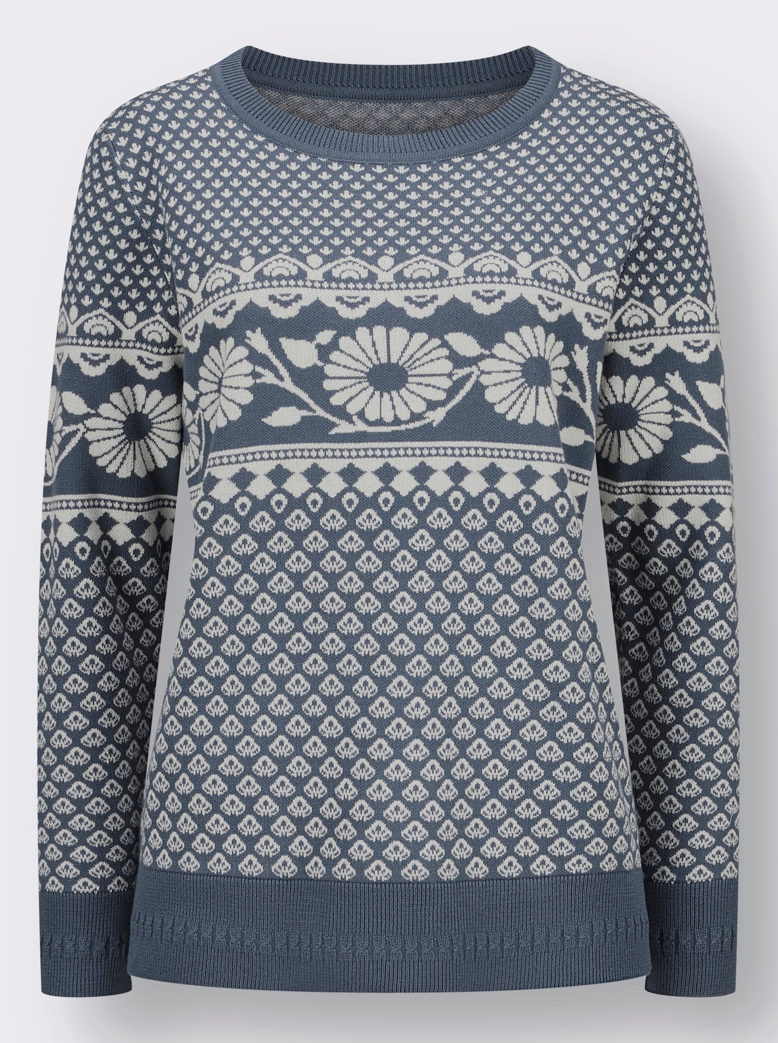 Pull jacquard style norvégien - bleu fumée-couleur ivoire à motifs