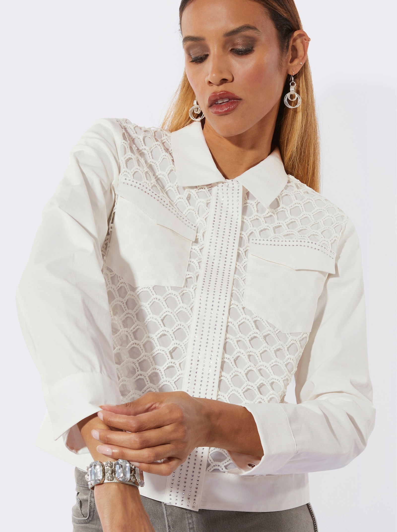 Spitzenblazer mit Deko-Steinchen - ecru