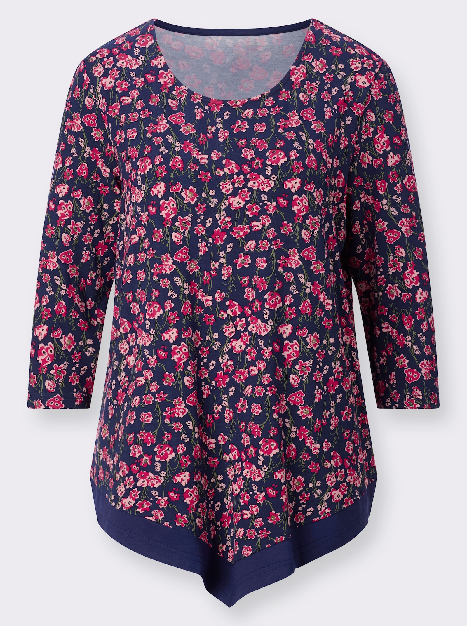 3/4-Arm-Shirt mit spitz zulaufendem Saum - marine-erdbeere-bedruckt