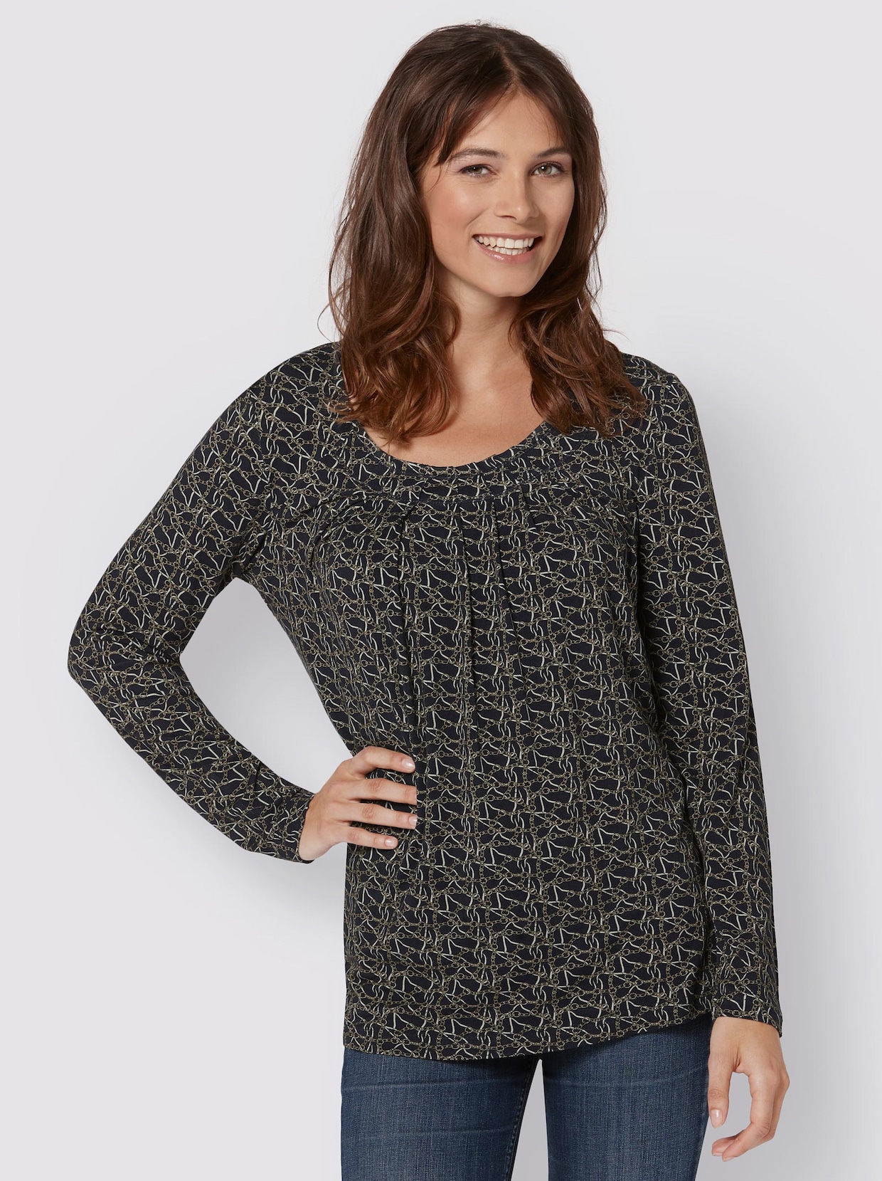 Shirt met ronde hals - marine/oker bedrukt