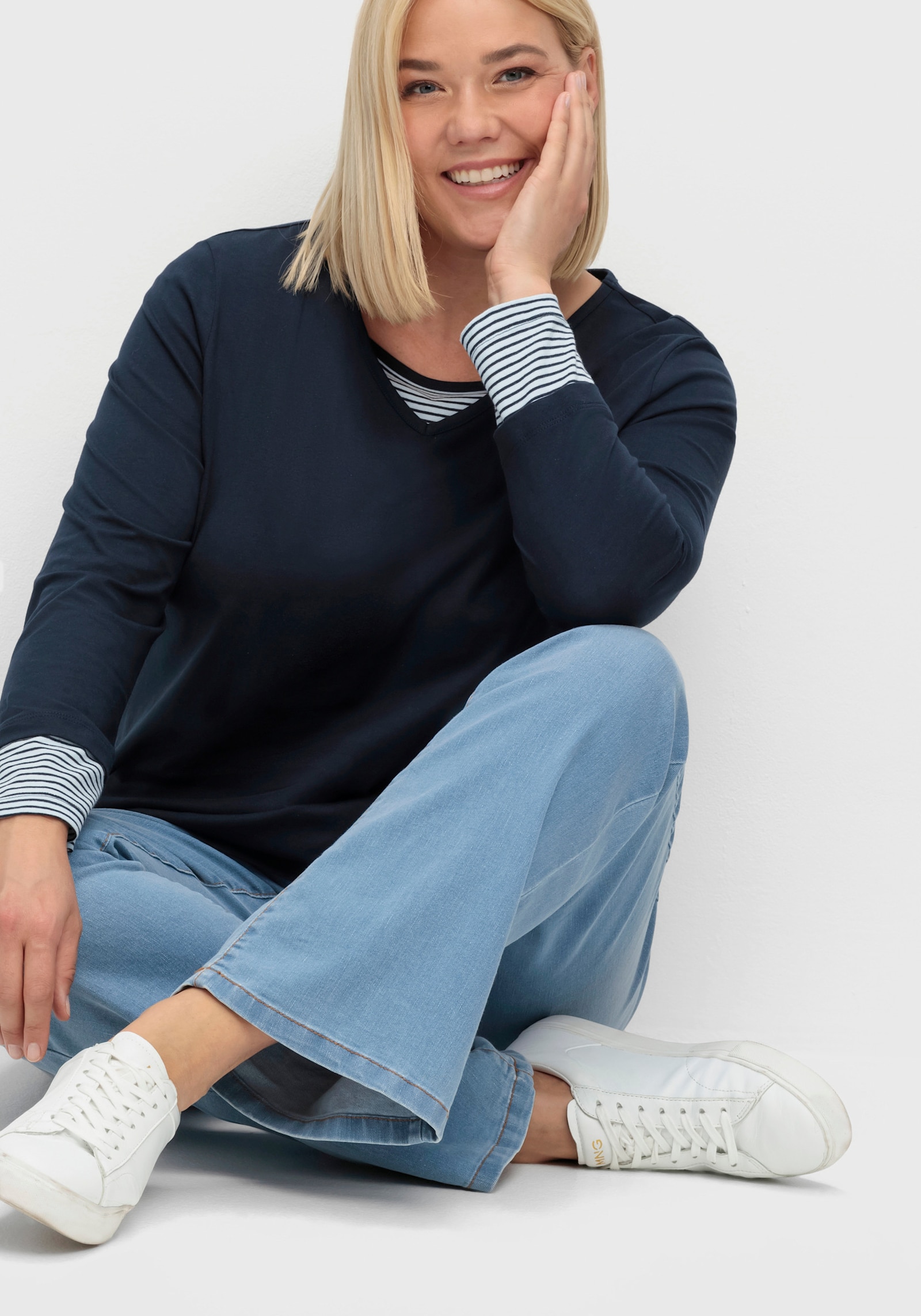 Langarmshirt mit garngefärbten Streifen - marine