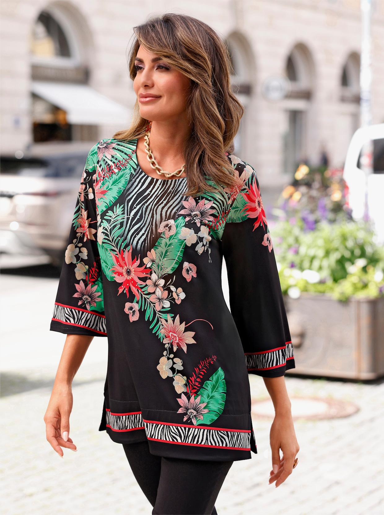 Tunikashirt mit Pailletten - schwarz-flamingo-bedruckt