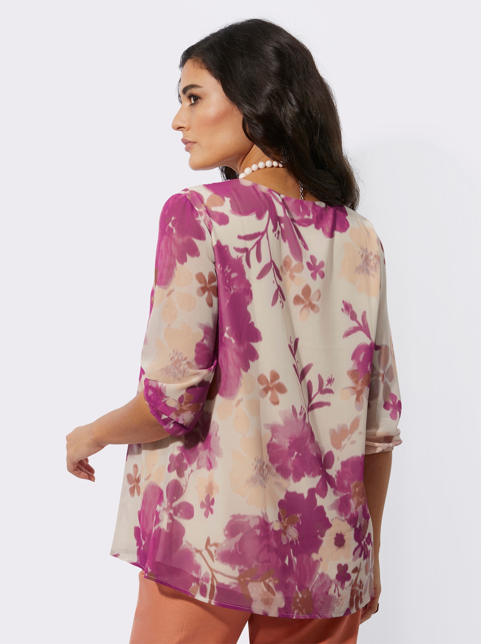 Georgettebluse in A-Form - elfenbein-fuchsia-bedruckt