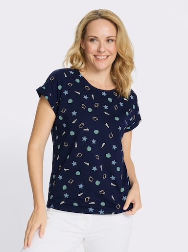 Rundhalsshirt mit maritimem Druckmuster - marine-beige-bedruckt