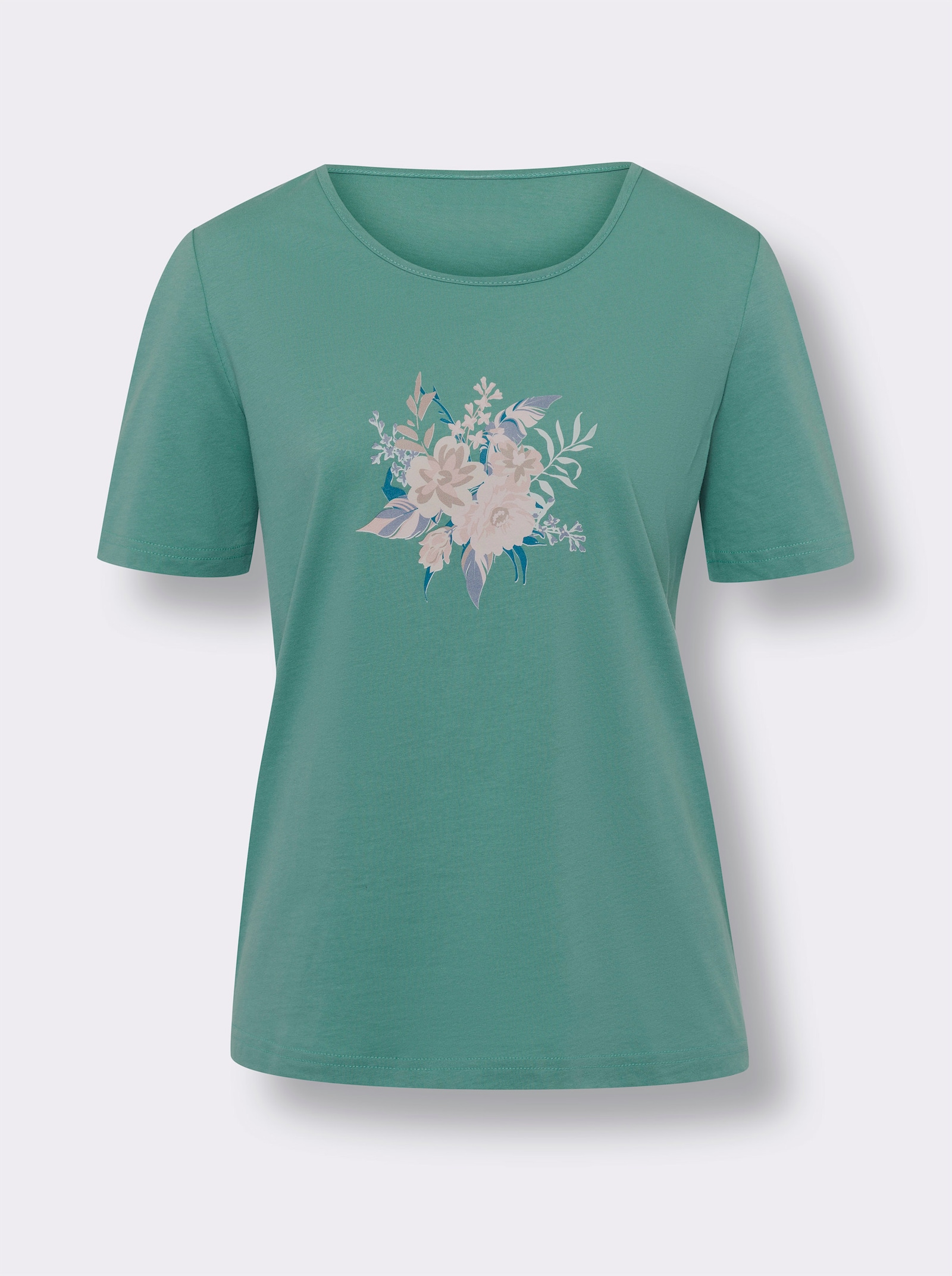 Kurzarmshirt mit Blumen-Federn-Druck - jade-taubenblau