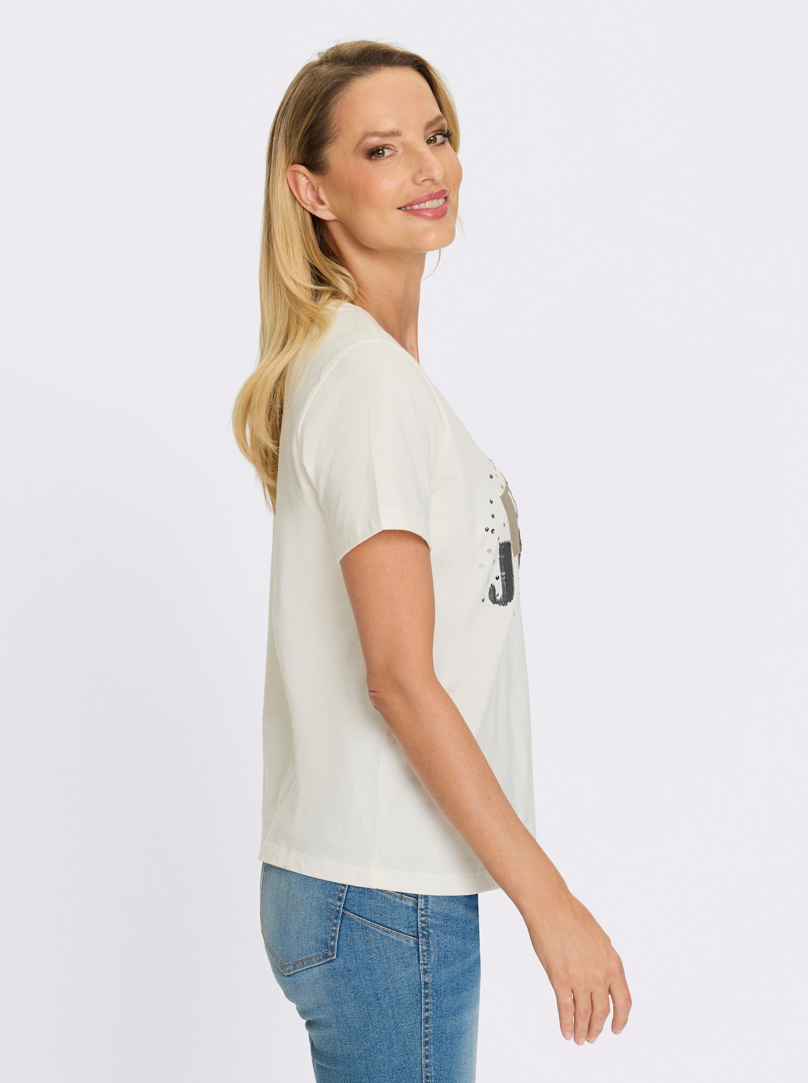heine T-Shirt mit Pailletten - ecru