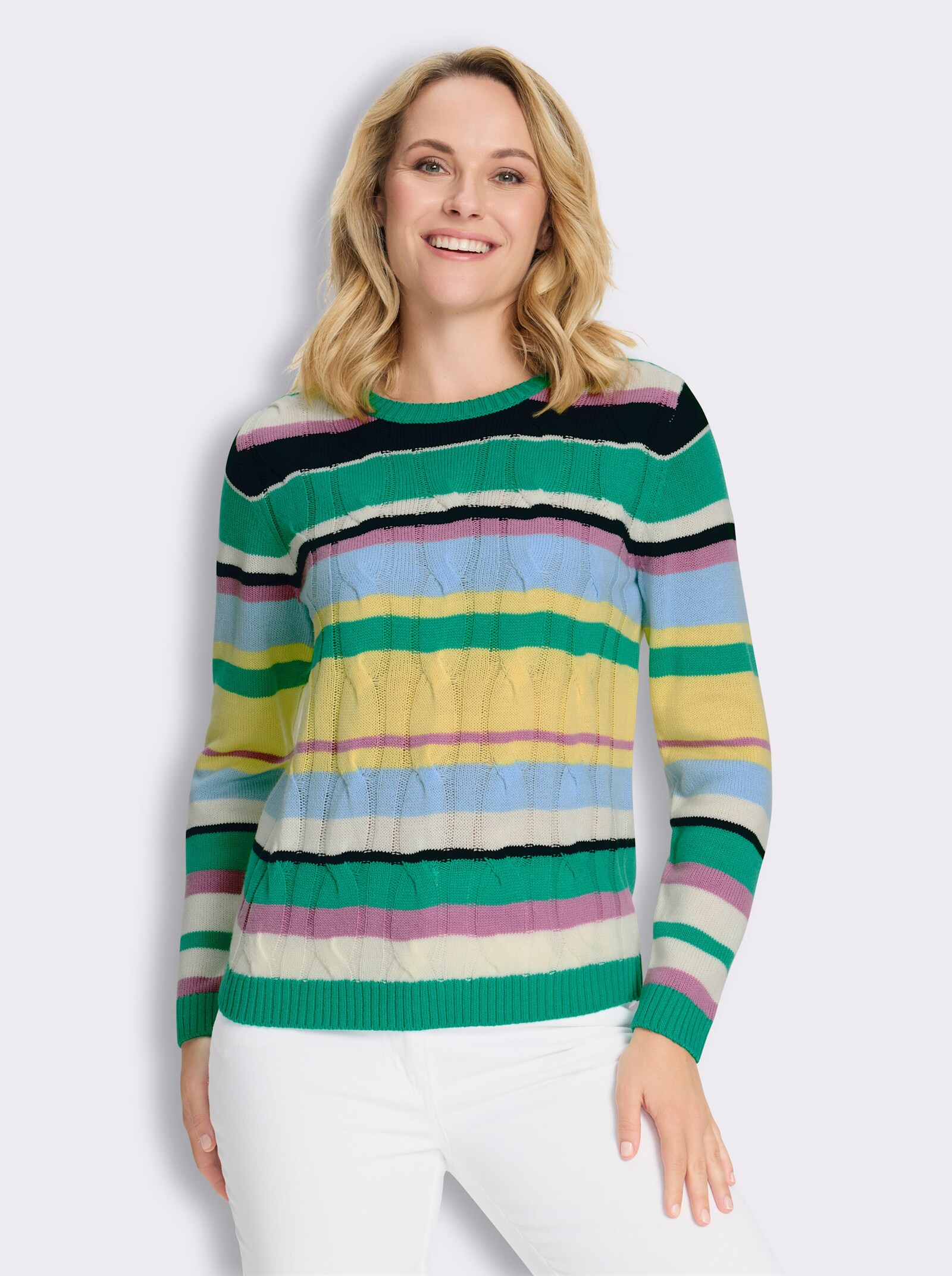 Pullover mit Zopf- und Streifenmuster - smaragd-ecru-geringelt