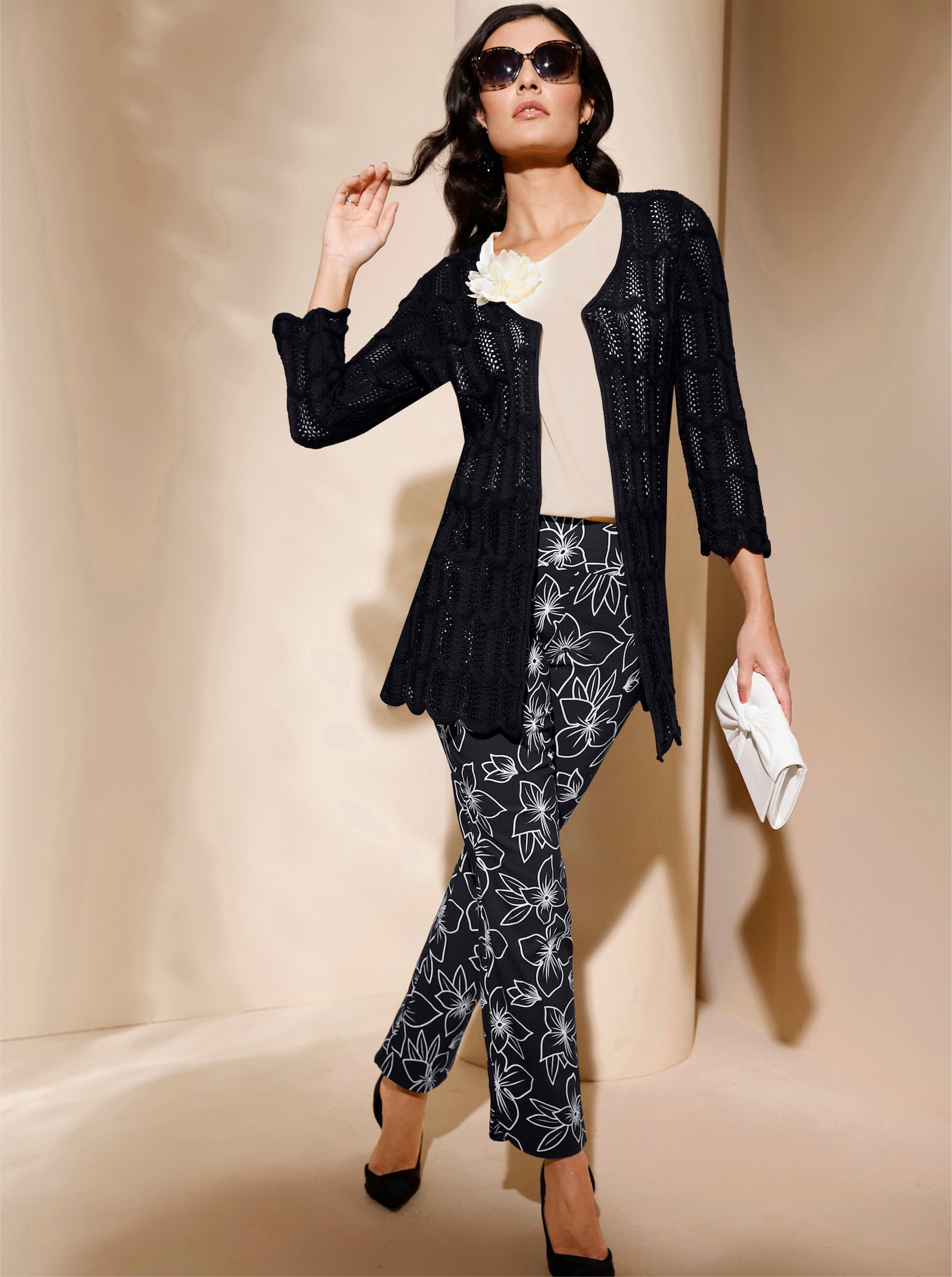 Broek met print en persplooien, bedrukt - zwart/champagne bedrukt