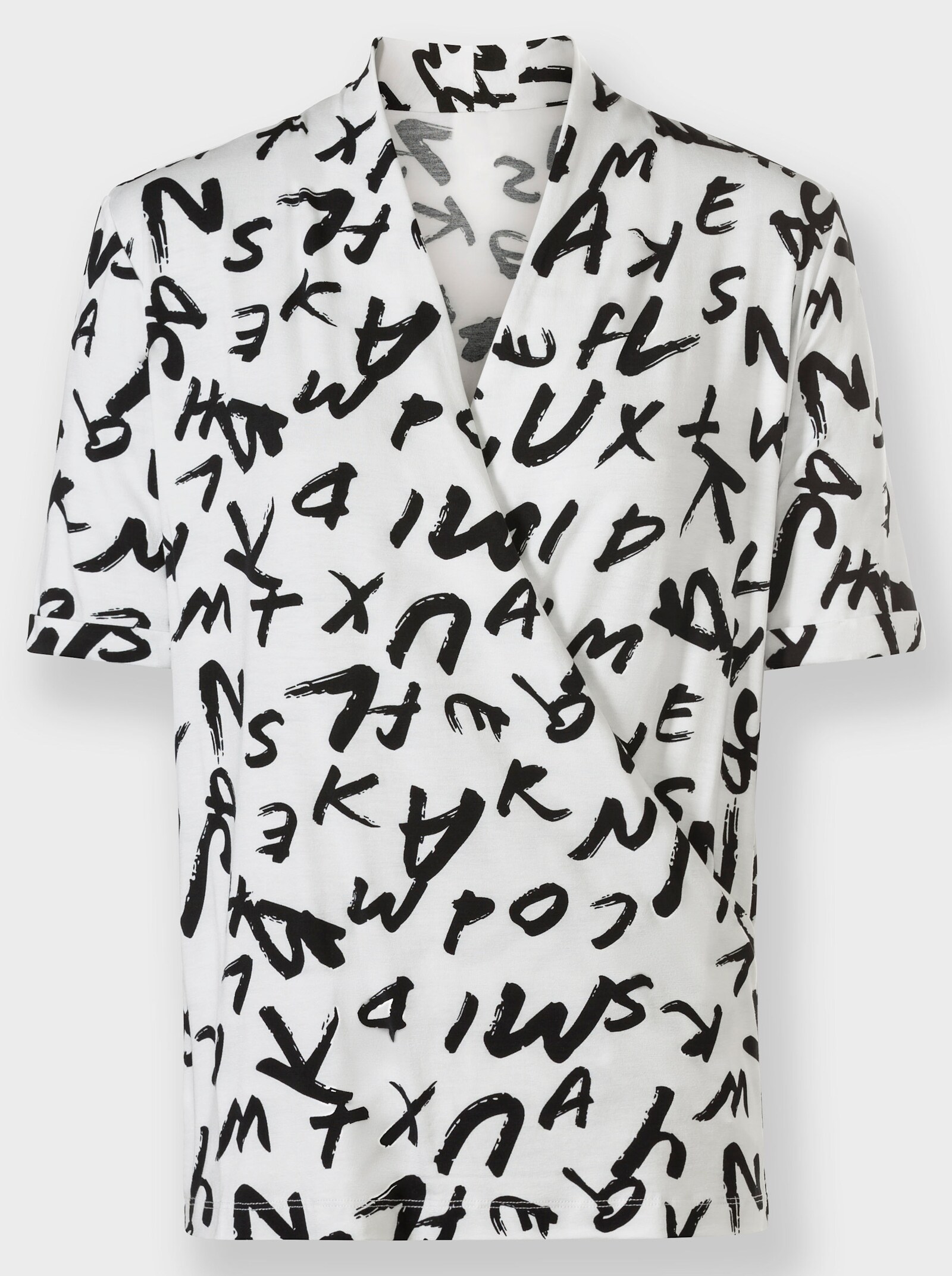 heine Kurzarmshirt in Wickel-Optik - weiß-schwarz-bedruckt