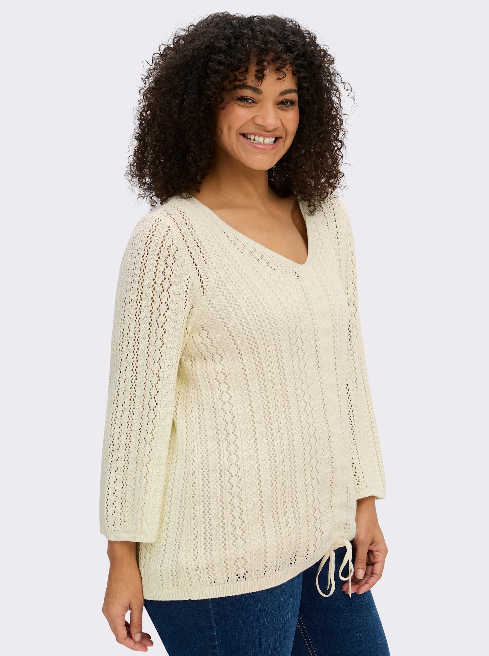 sheego Ajourpullover mit Bindeband am Saum - champagner