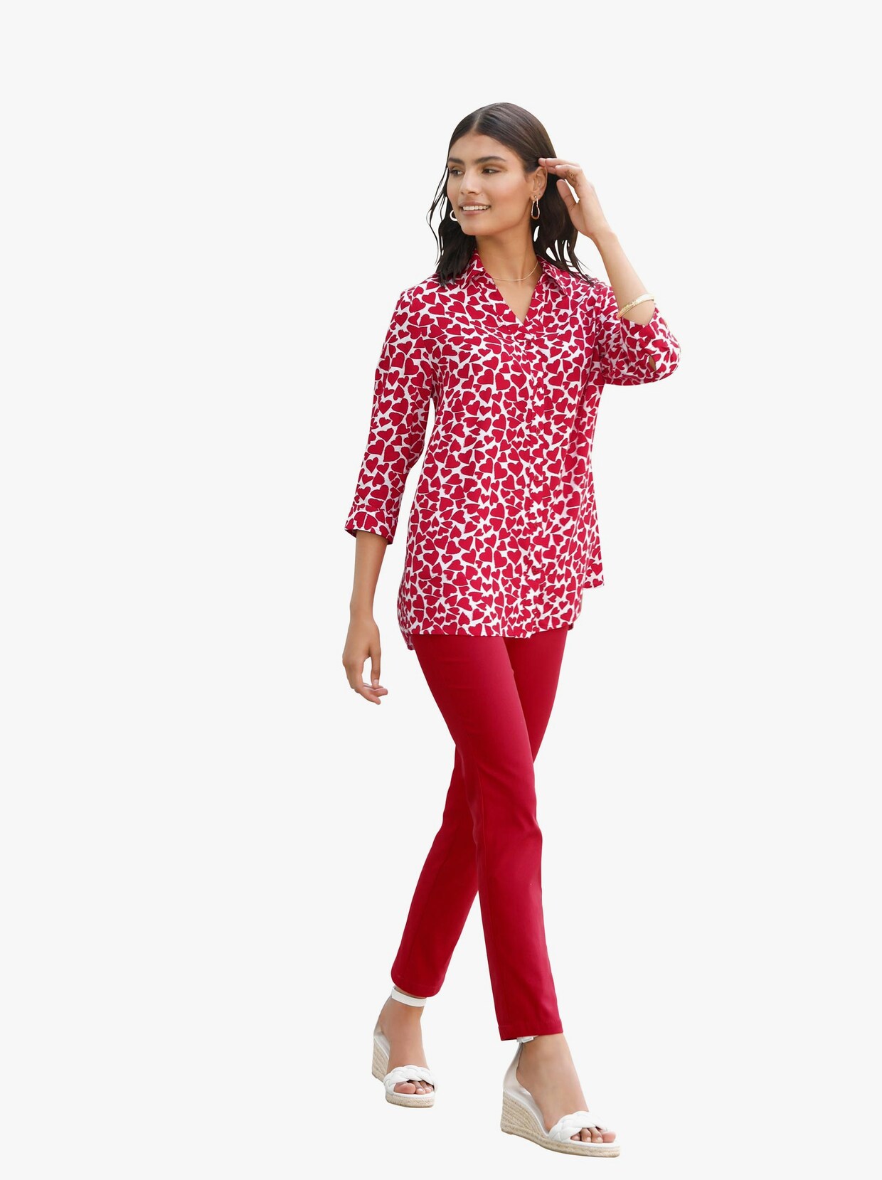 Longbluse - weiß-rot-gemustert