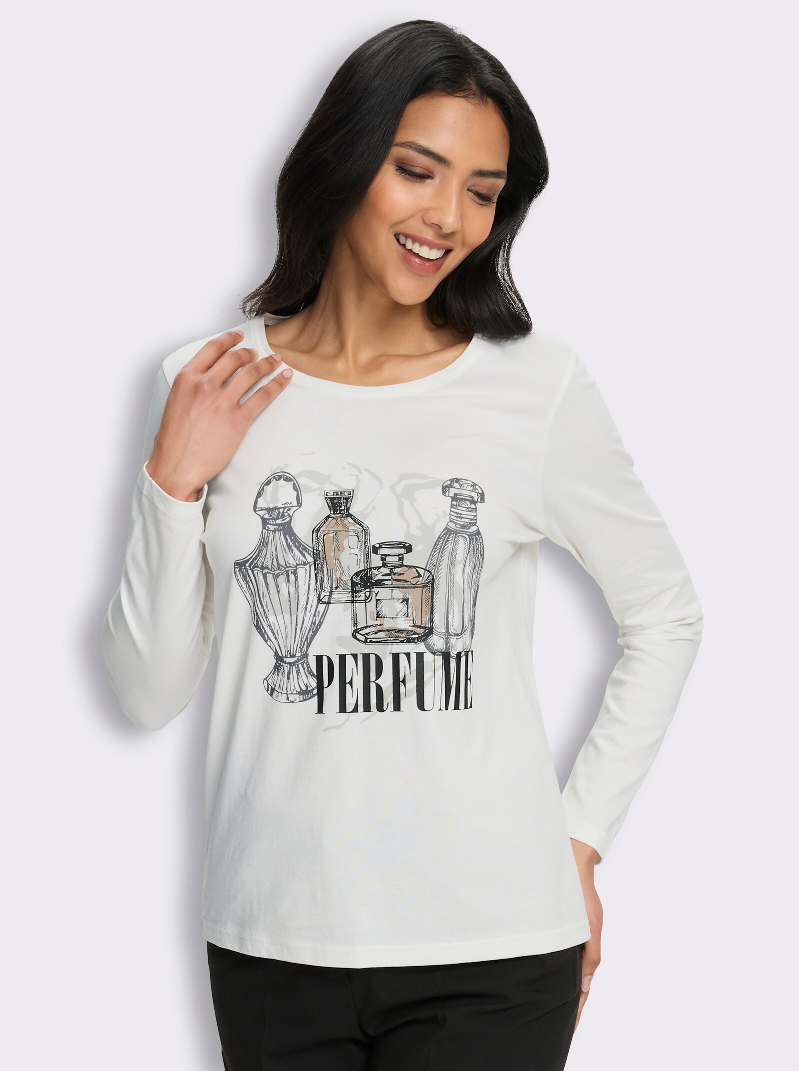 Rundhalsshirt mit Druck-Motiv - ecru-schwarz