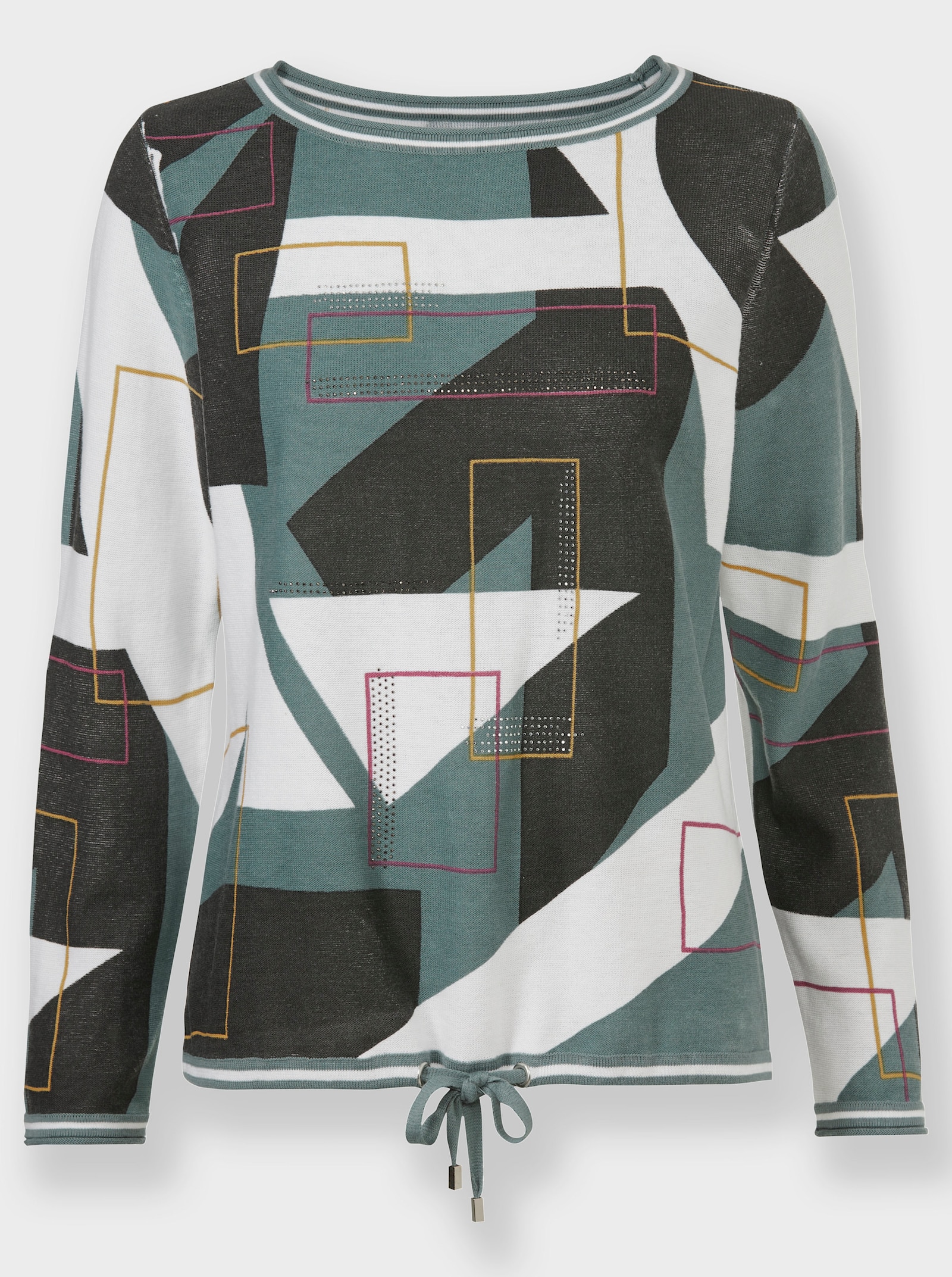 Pullover mit Bindeband am Saum - ecru-graphit-gemustert