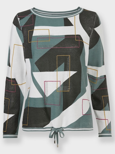 Pullover mit Bindeband am Saum - ecru-graphit-gemustert