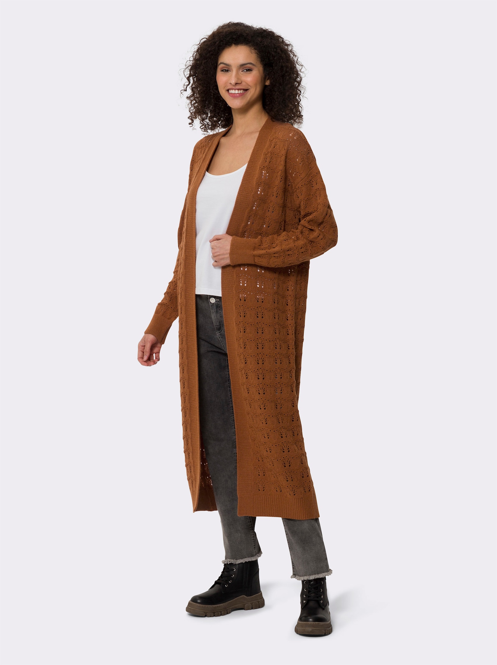 heine Strickmantel mit Ajourmuster - cognac