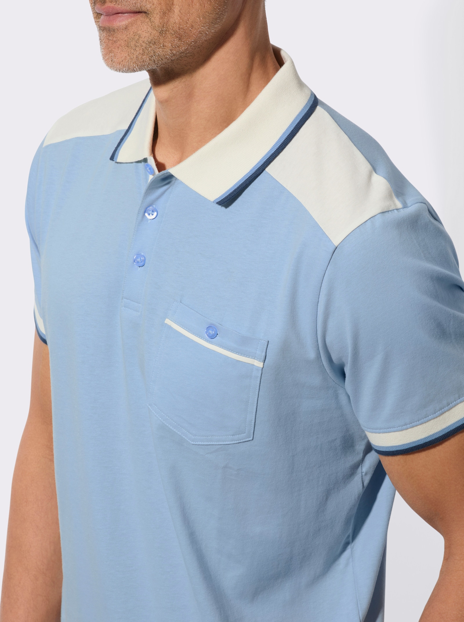 Poloshirt met borstzak met knoop - hemelsblauw