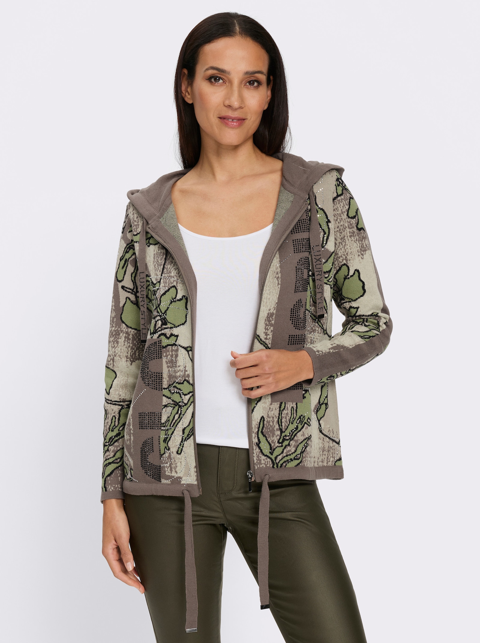 heine Vest met capuchon en patroonmix - zand/kaki gedessineerd