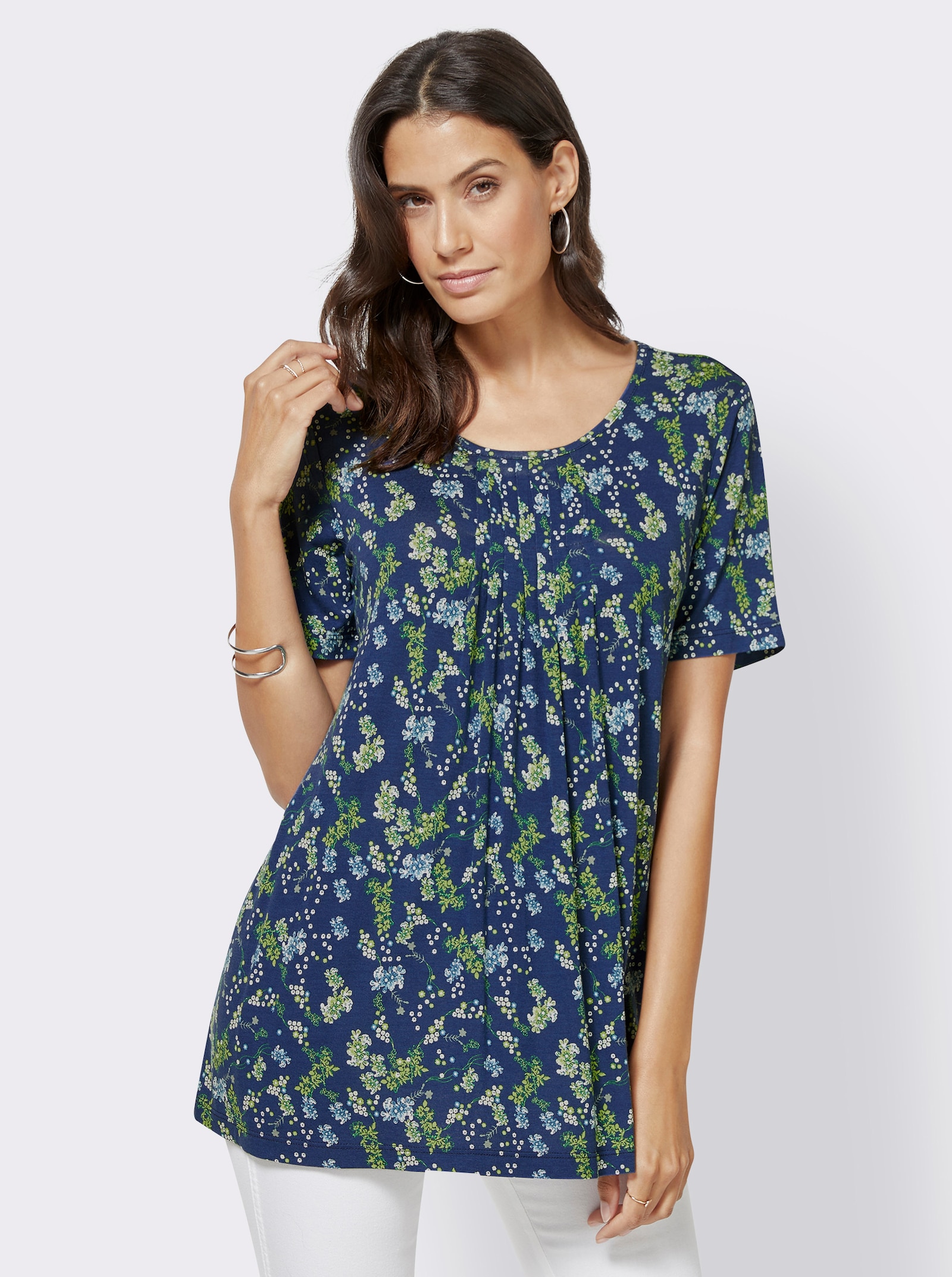 Tunikashirt mit Faltenpartie vorne - marine-bedruckt
