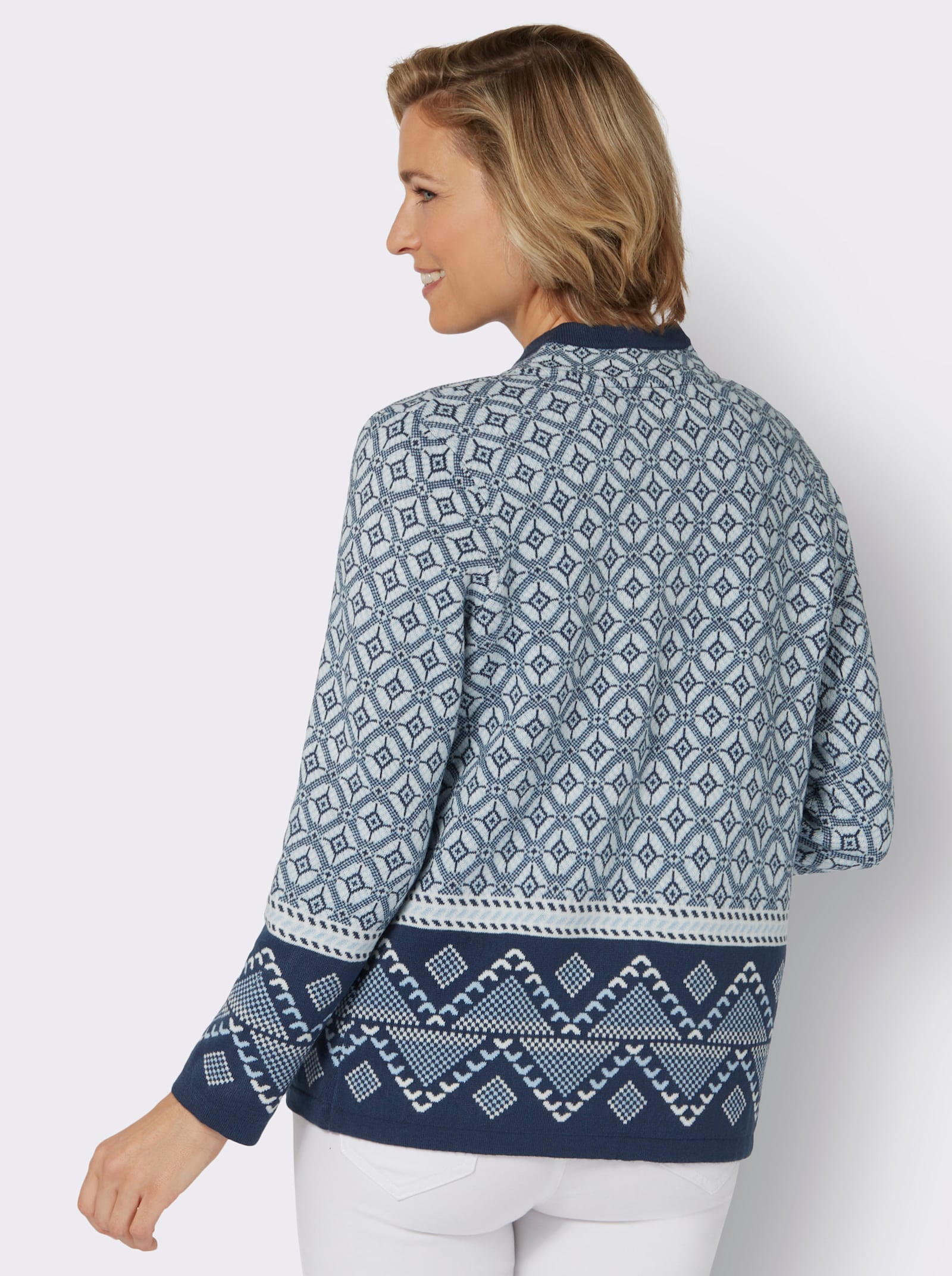 Žakárový pletený kabátek se stojáčkem - tmavěmodrá-ledová modrá-vzor